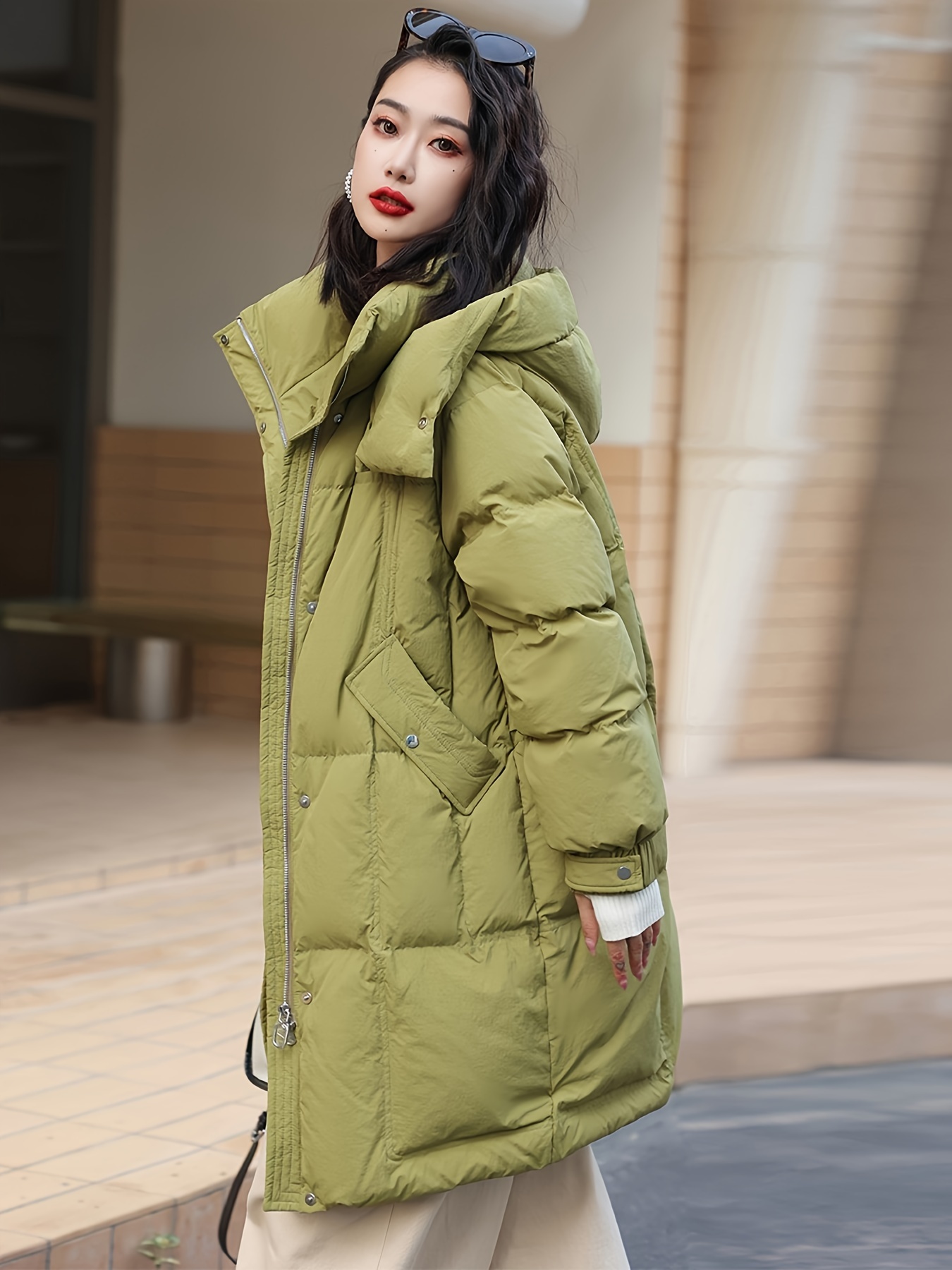 Zipper Stand Collar Pockets Hoodie Puffer Jacket, Casual Long Sleeve Jacket For Winter
