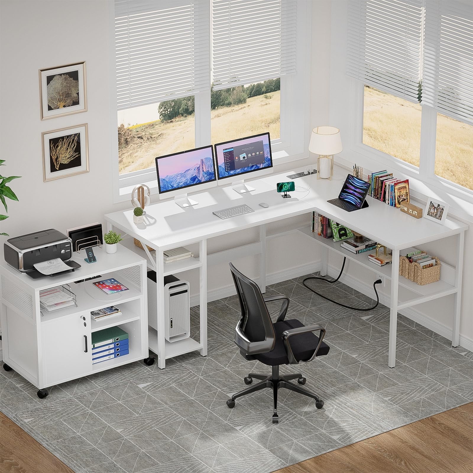 Homieasy Reversible L Shaped Desk with Magic Power Outlets and USB Charging Ports, Sturdy Corner Computer Desk with Storage Shelves, Gaming Table Home Office Desk, Easy to Assemble, Black Oak