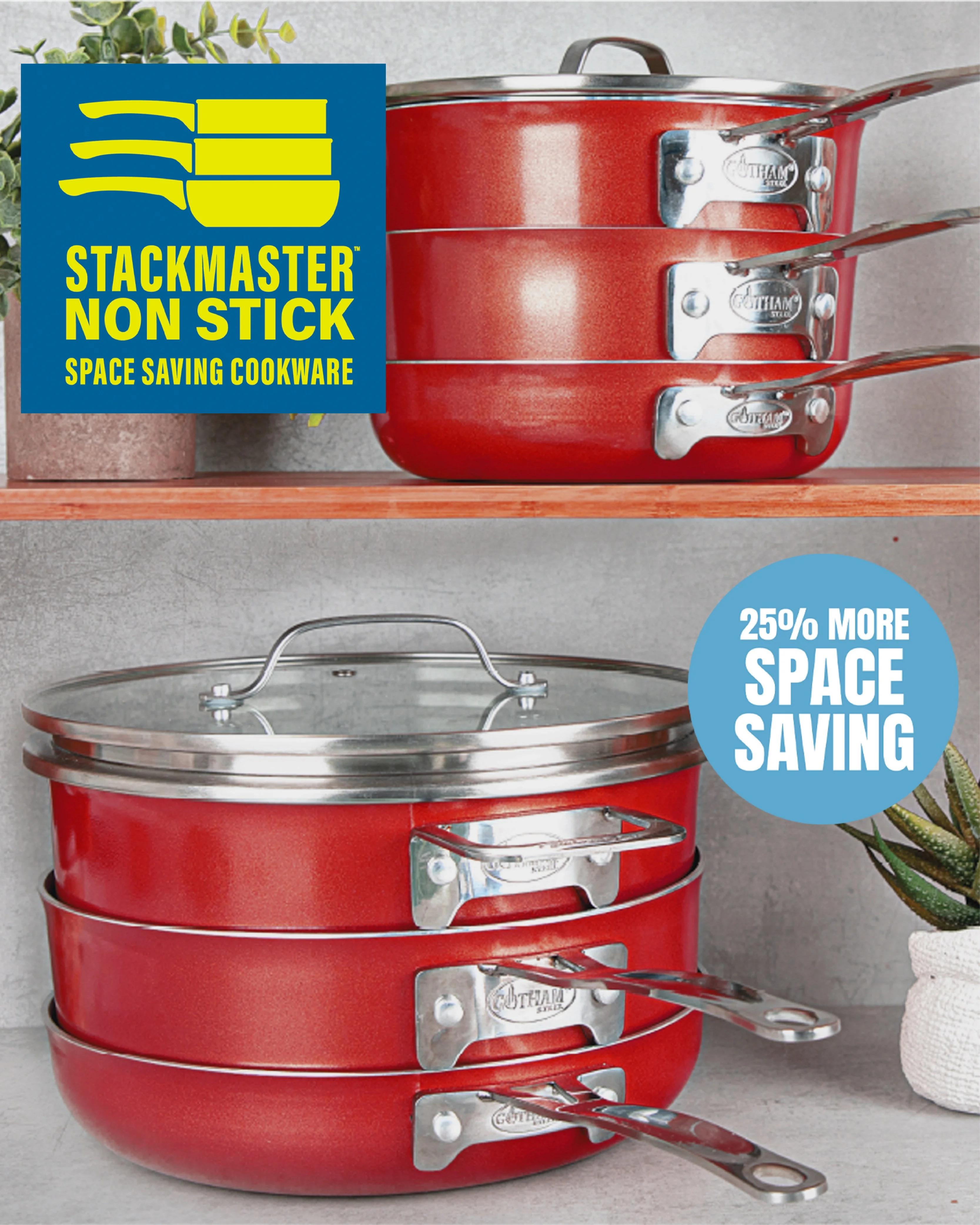 Gotham Steel Stackmaster 10 Pc Copper Pots and Pans Set Non Stick Cookware Set with Kitchen Utensils, Induction Ready, Non Toxic Nesting Design for 50% Space Saving, Oven and Dishwasher Safe