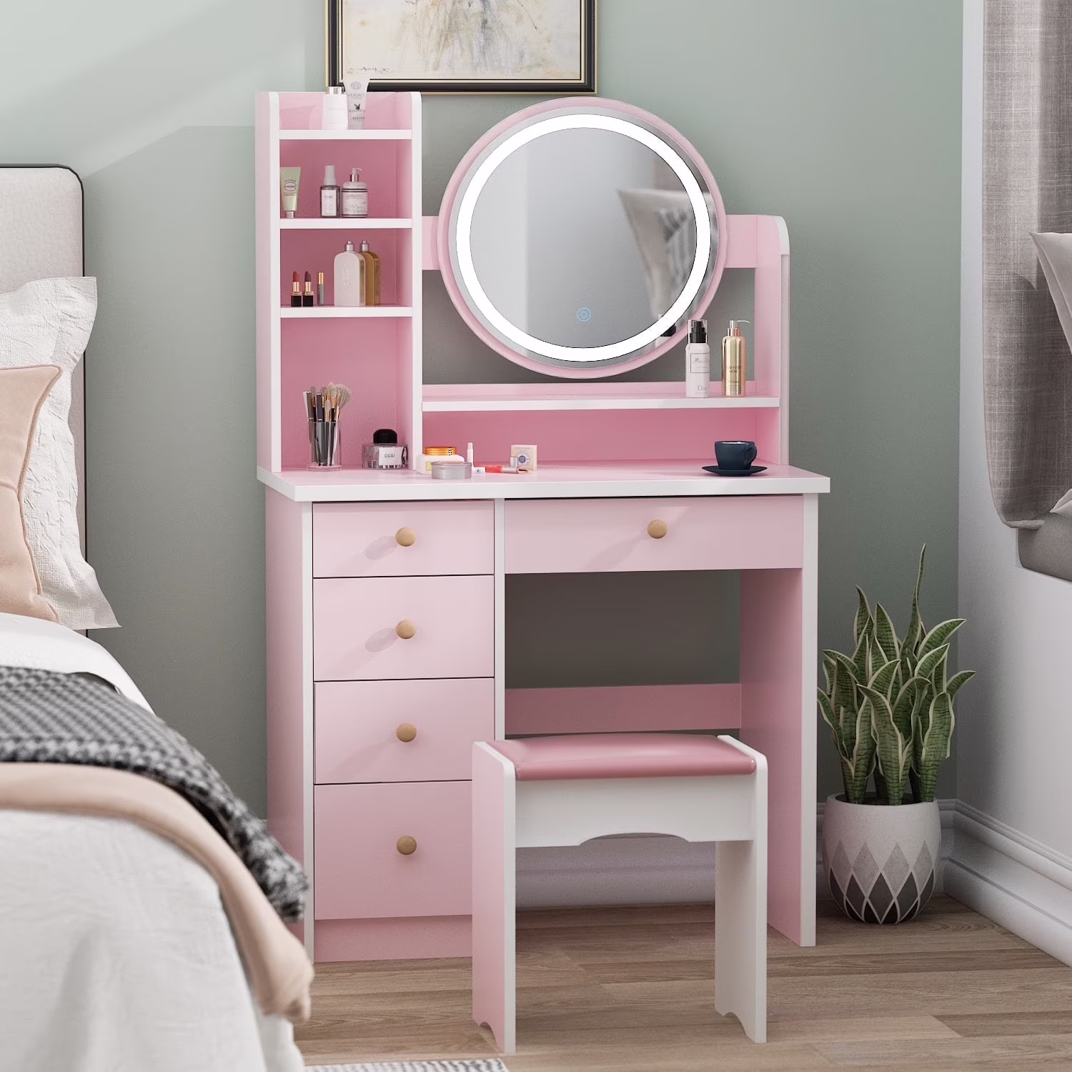 OXYLIFE Makeup Vanity Desk Table with Sliding LED Lighted Mirror, Cushion Stool, 4 Drawers and Shelves, White+Gray