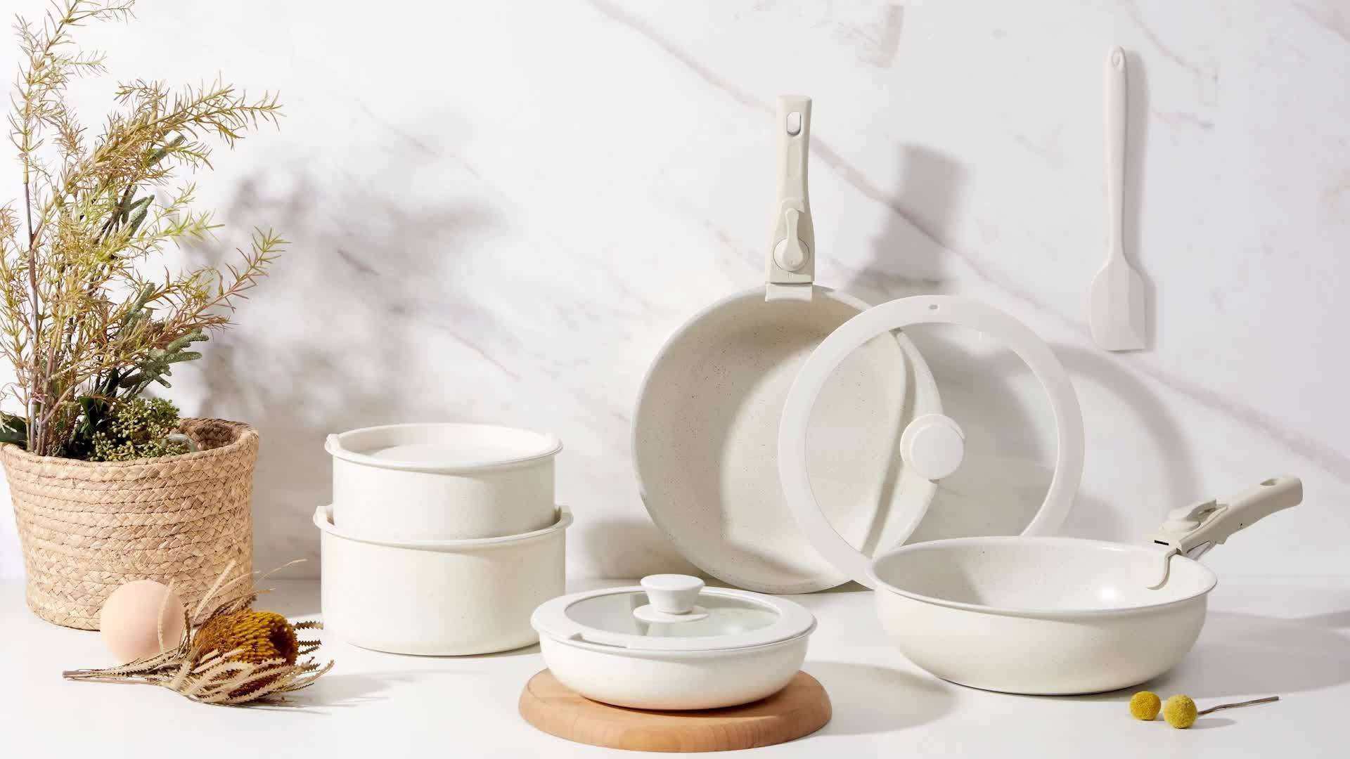 12pc White Granite Nonstick Cookware Set - Induction Compatible Pots/Pans with Removable Handles, Easy-Clean Kitchen Essentials