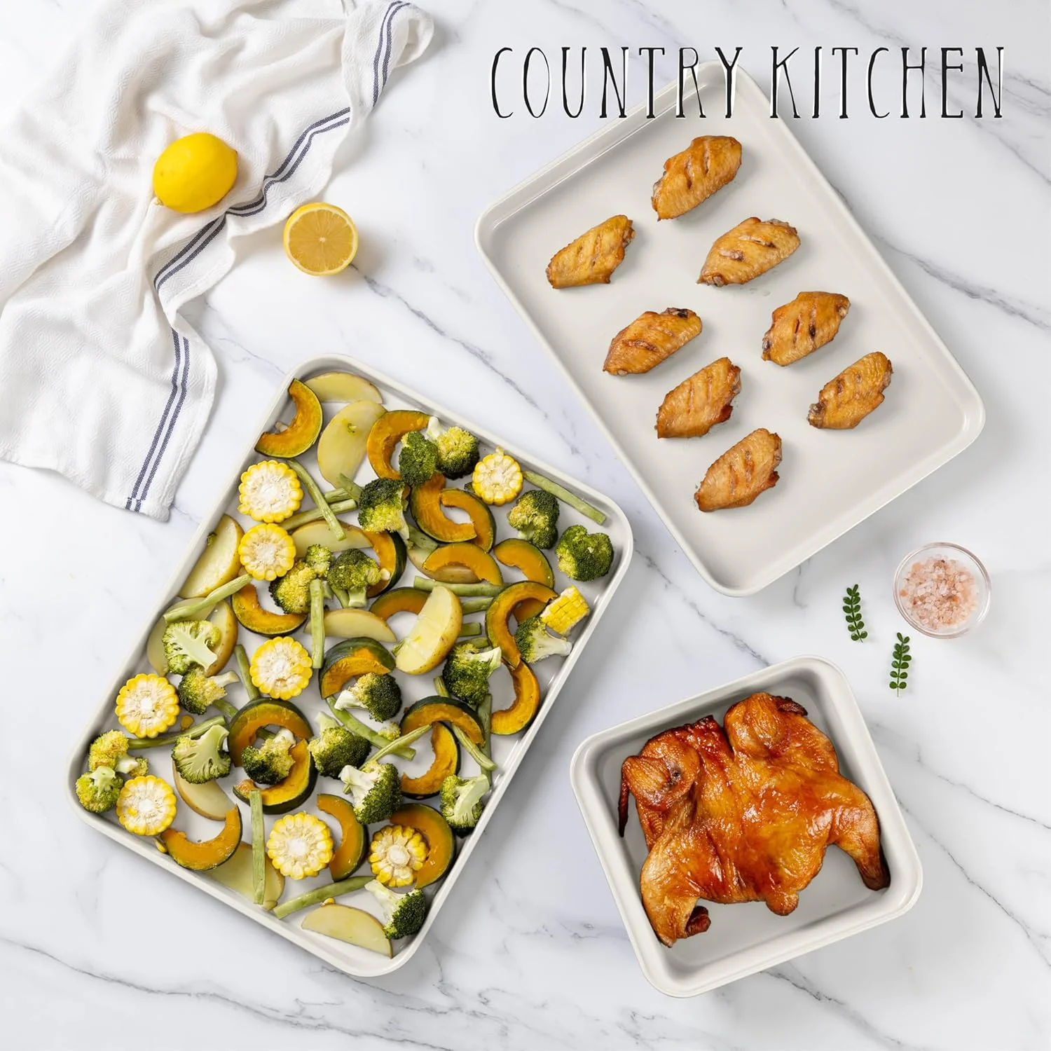 Country Kitchen 13-Piece Nonstick Cookware and Bakeware Set - Pots and Pans Collection with Stackable Design, Cream