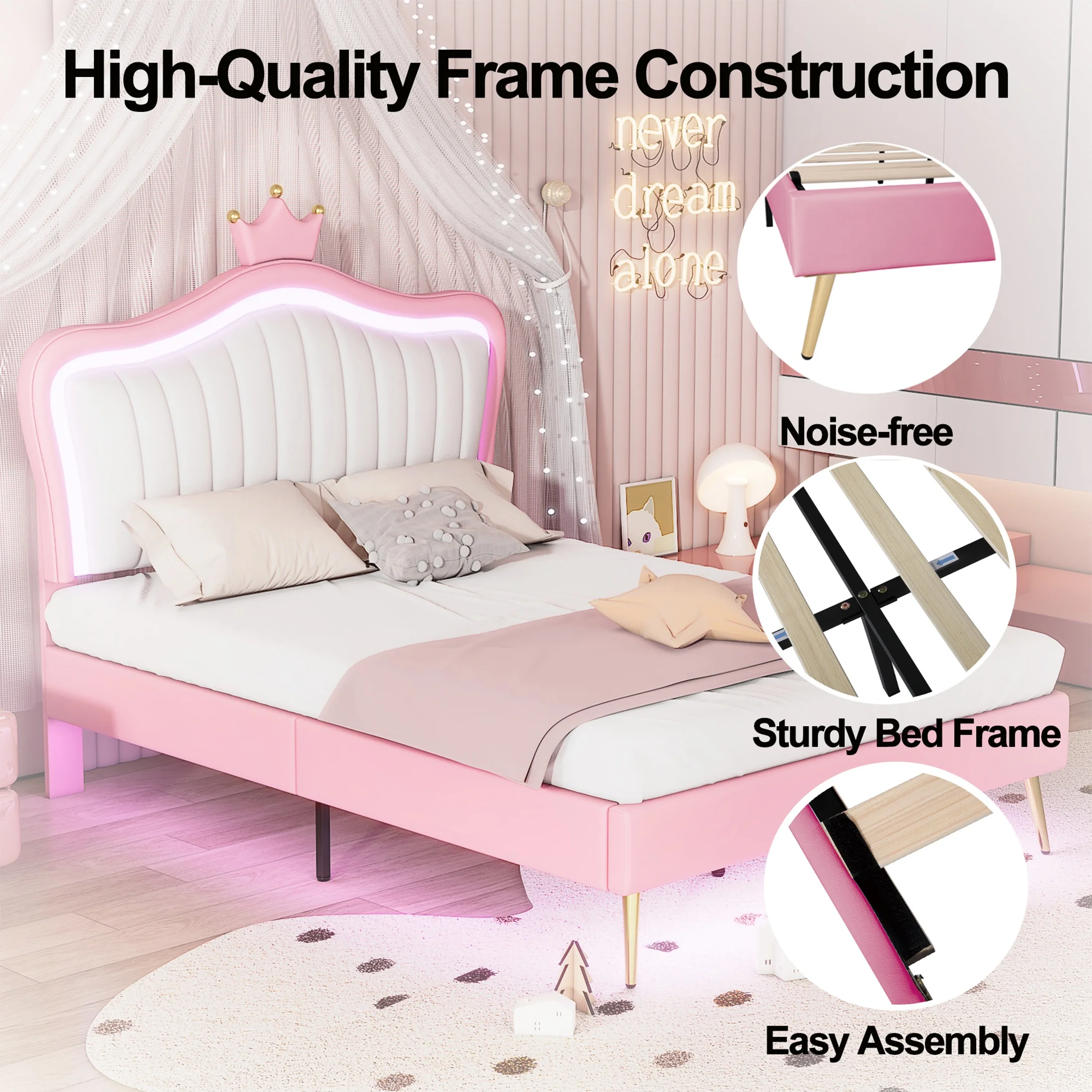 HSUNNS Full Size Bed Frame with LED Lights, Upholstered Princess Full Platform Bed with Crown Adjustable Headboard and Metal Feet for Girls' Bedroom, No Box Spring Needed, 500 LBS, White+Pink