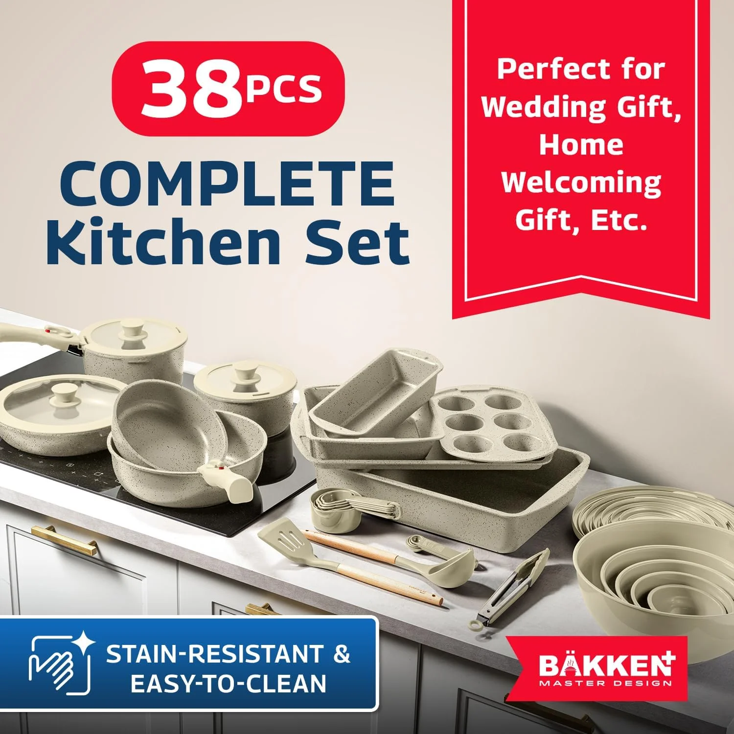 Bakken Master 38 Piece Granite Cookware and Bakeware Set �C Nonstick Granite Coating, Pots and Pans with Detachable Handles and Tempered Glass Lids, 6-piece Bakeware set, 12-piece Mixing Bowls,Brown