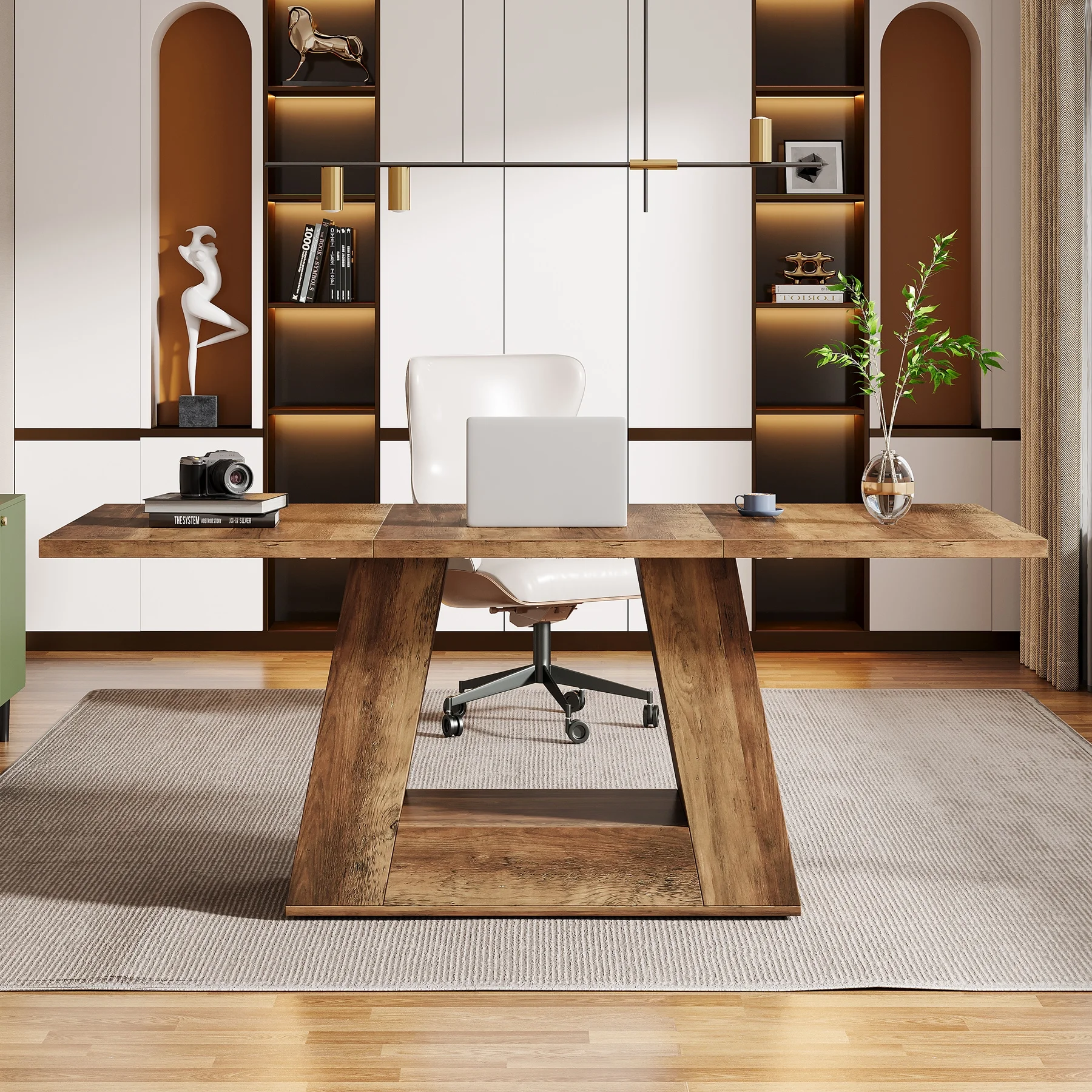 Tribesigns Modern Computer Desk, 63 inch Wooden Faux Marble Study Writing Table with Sturdy Base for Home Office, Black