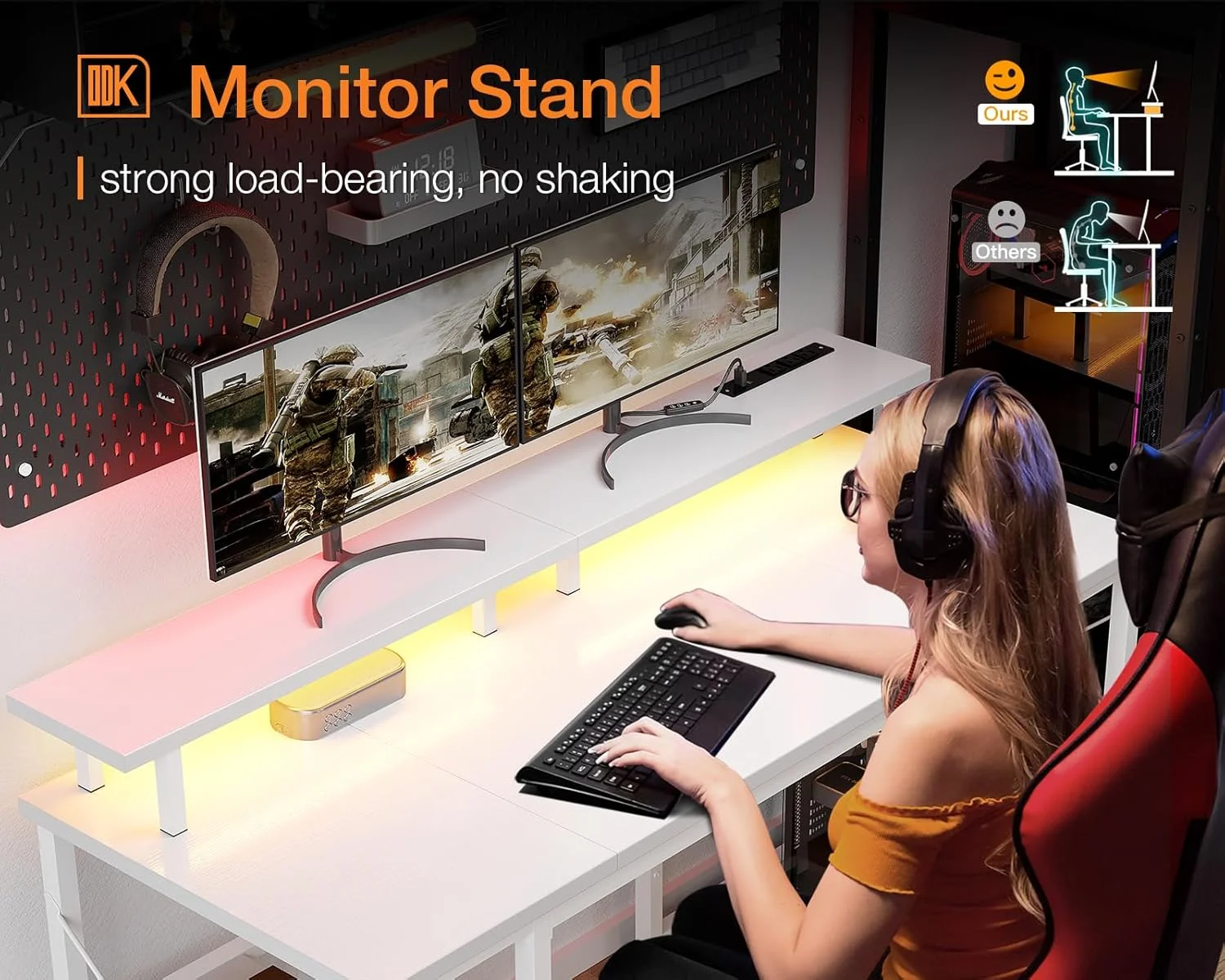 ODK 48 inch Gaming Desk with LED Lights & Power Outlets, Computer Desk with Monitor Stand & Storage Shelves, CPU Stand, Home Office Desk, White