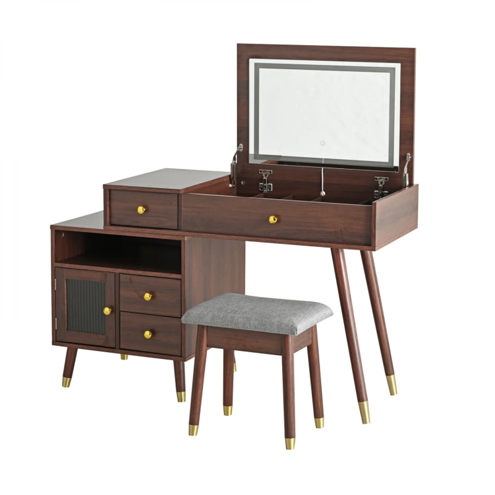 3-in-1 Vanity Desk with Lighted Flip-Top Mirror & Adjustable Cabinet, Makeup Dressing Table with Stool, Dresser with Drawers for Bedroom, White