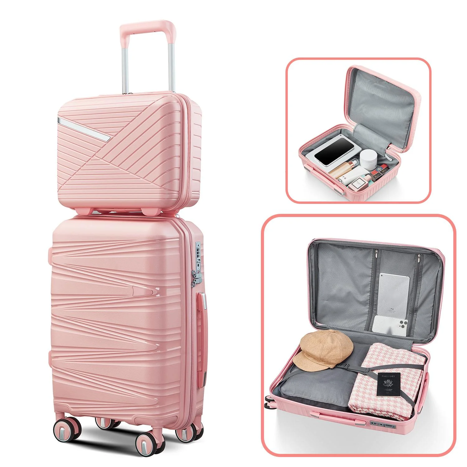 4 Piece Luggage Set Expandable Hardshell Travel Luggage Sets 8 Spinner Wheel Suitcase Wheels TSA Lock Suit Case, PP Lightweight & Durable wheels Upright Suitcase, 14/20/24/28 Inch