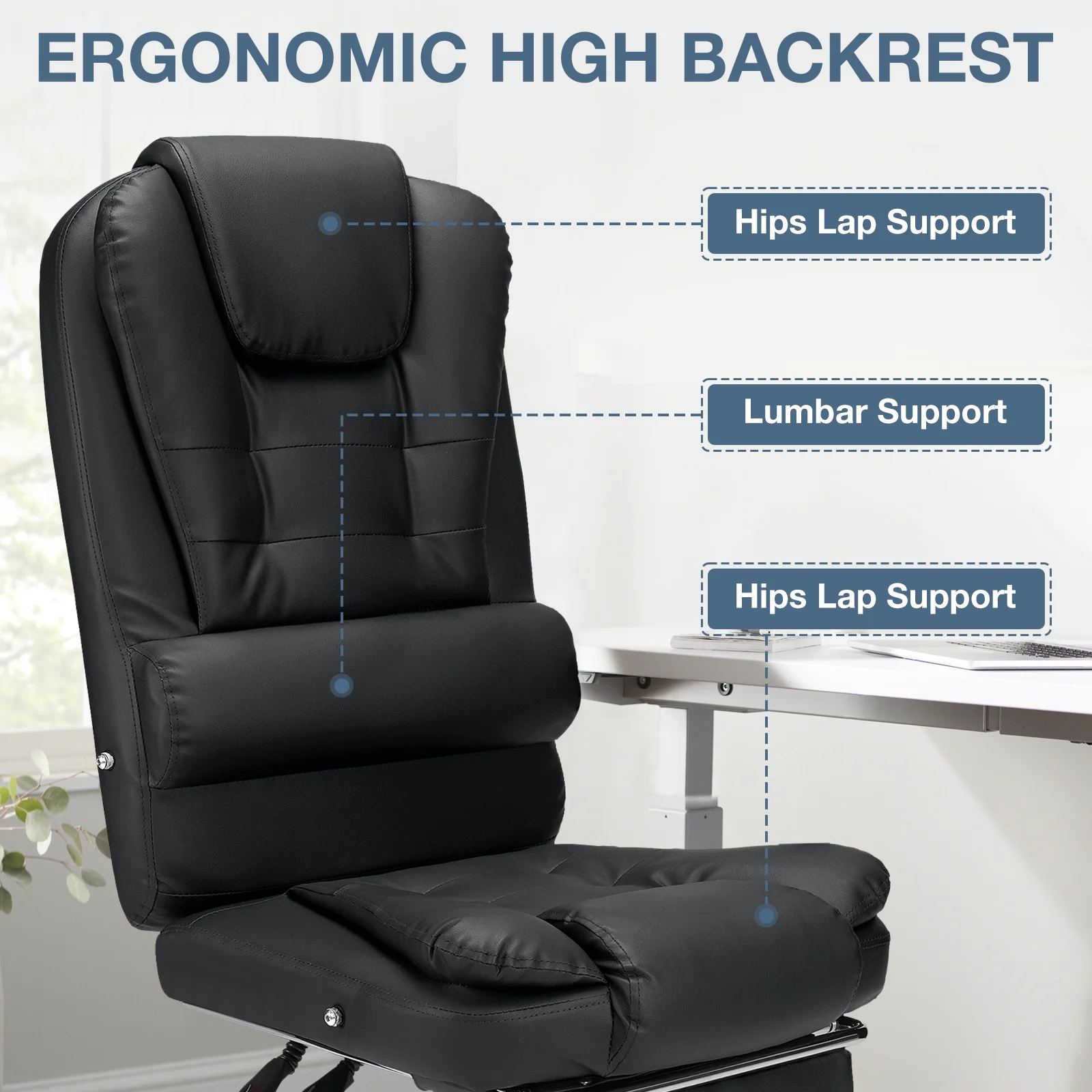 Hoffree Executive Office Chair Massage High Back Leather Office Chair with Footrest Reclining Computer Desk Chair Lumbar Back Support Swivel Rolling for Home Office Black