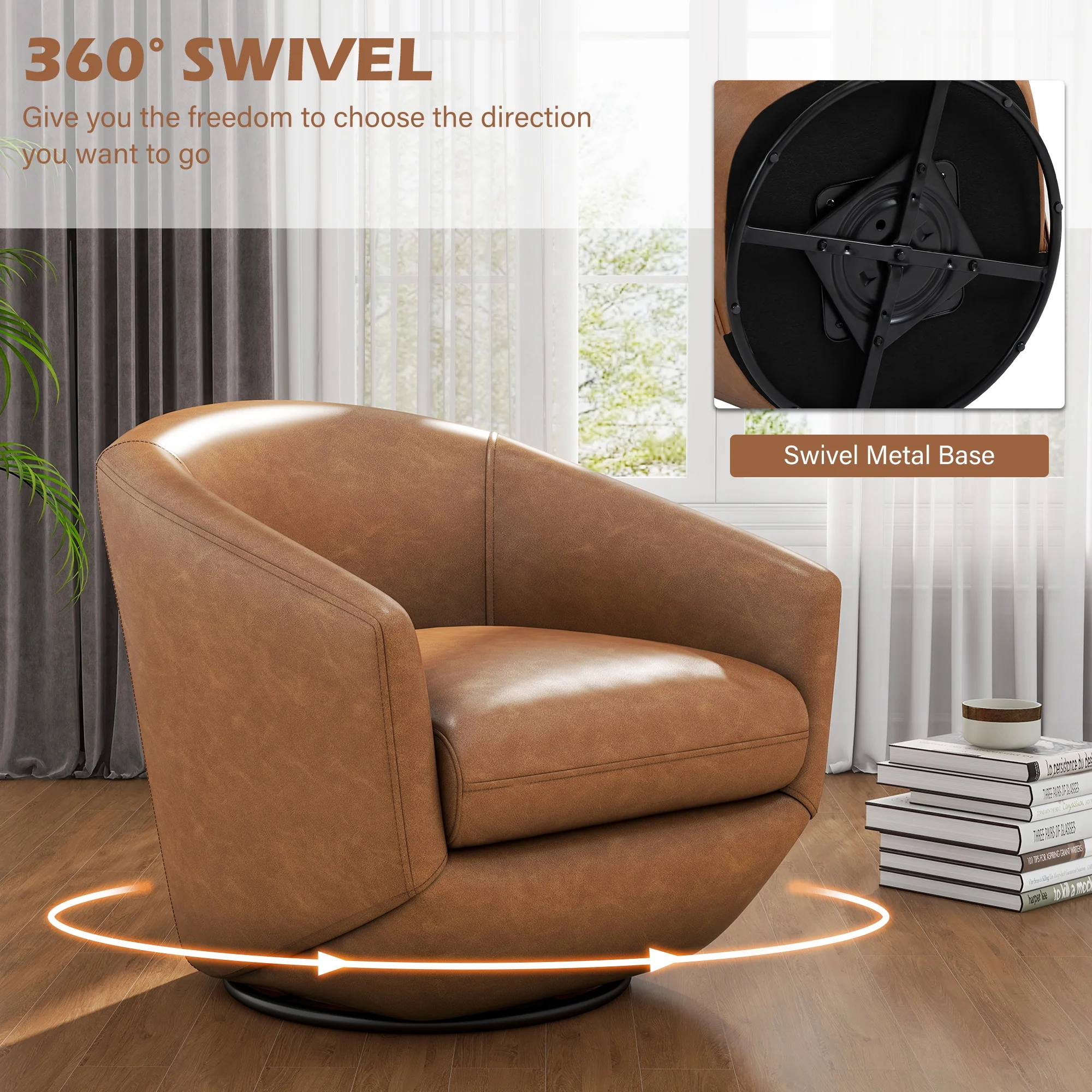 DREAMSIDEA Faux Leather Swivel Accent Chair Sets of 2 360�� Swivel Barrel Chair,Swivel Club Sofa for Living Room, Bedroom, Office,Brown