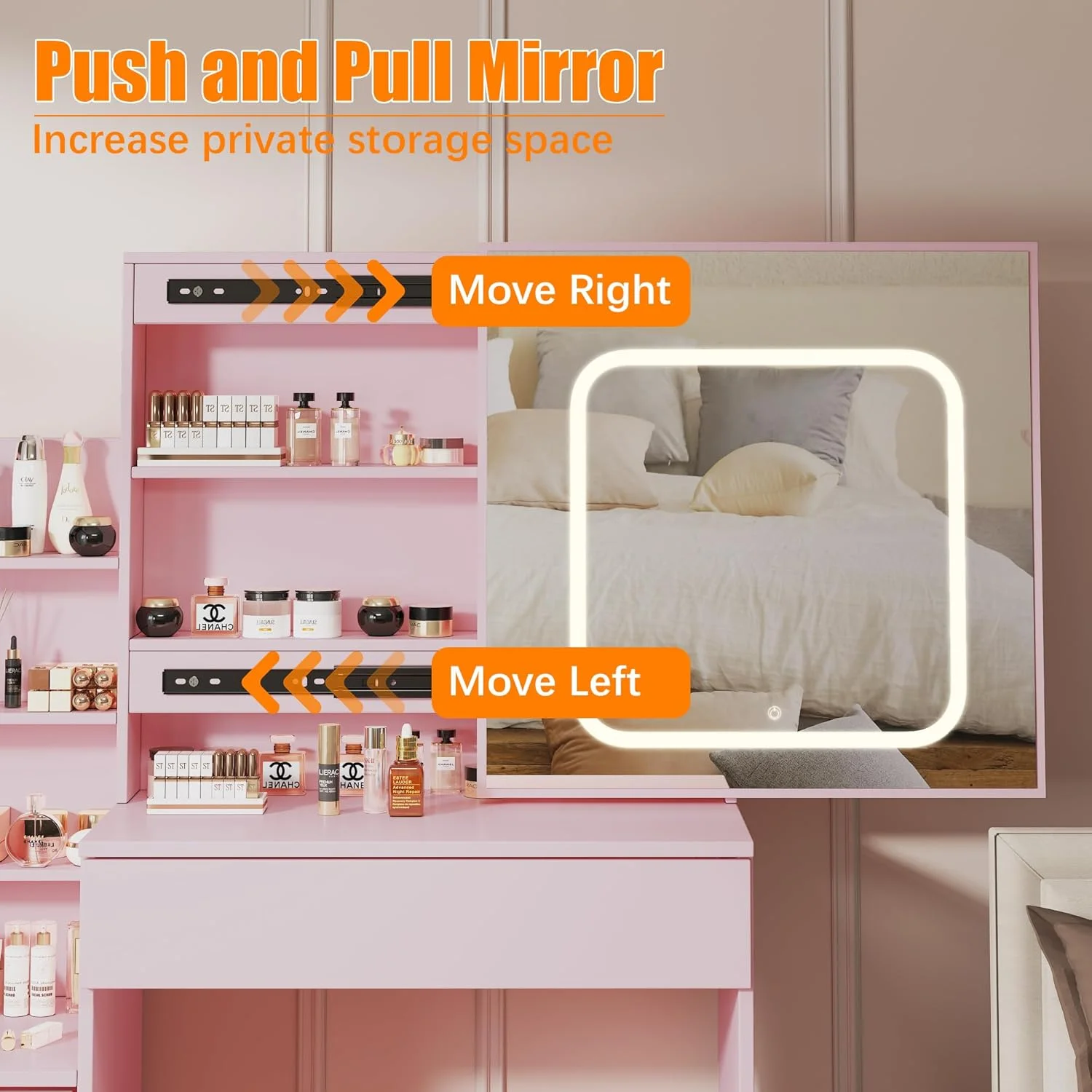 Vanity Desk with Sliding Mirror and Lights, Makeup Vanity Set with Power Outlet, 4 Drawers, Stool, Open Shelves, 3 Color Lighting Modes, Brightness Adjustable, Makeup Dressing Table for Bedroom