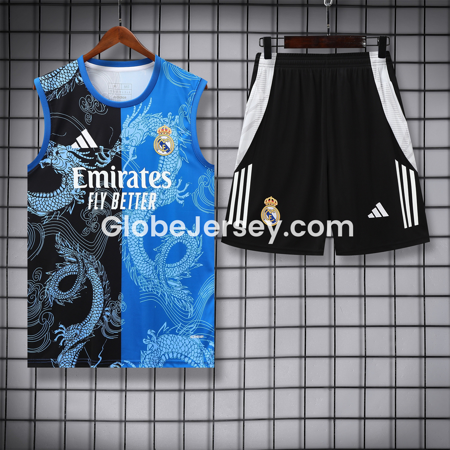 Real Madrid 25-26 Vest Training Set - Blue Black Dragon Vest & Black-White Shorts
