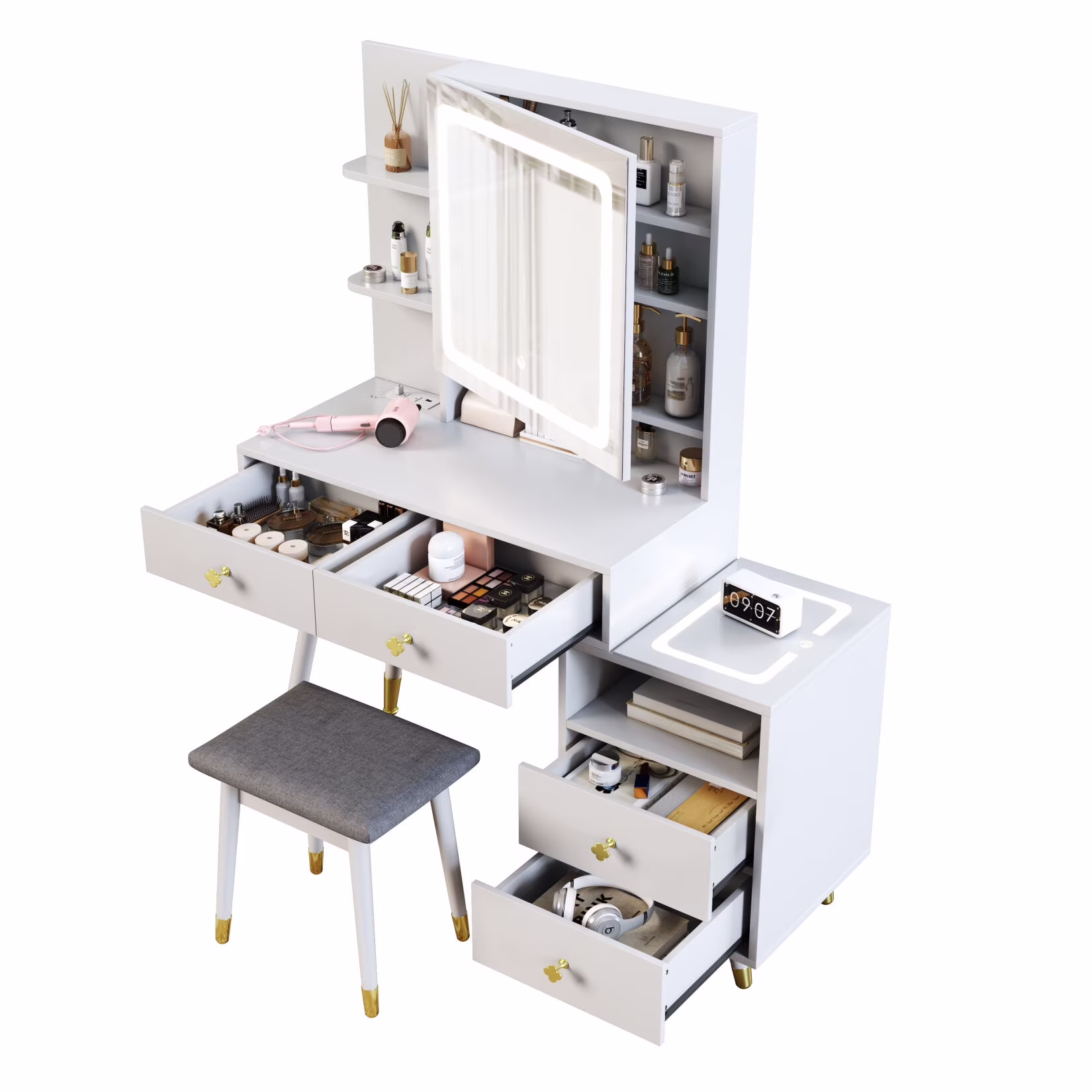 Black Bedroom Makeup Vanity Set, Vanity Desk with Light, Mirror and Cushioned Stool, Modern Makeup Dressing Table for Girls, Wife, Daughter, Mother, Adjustable Light Brightness