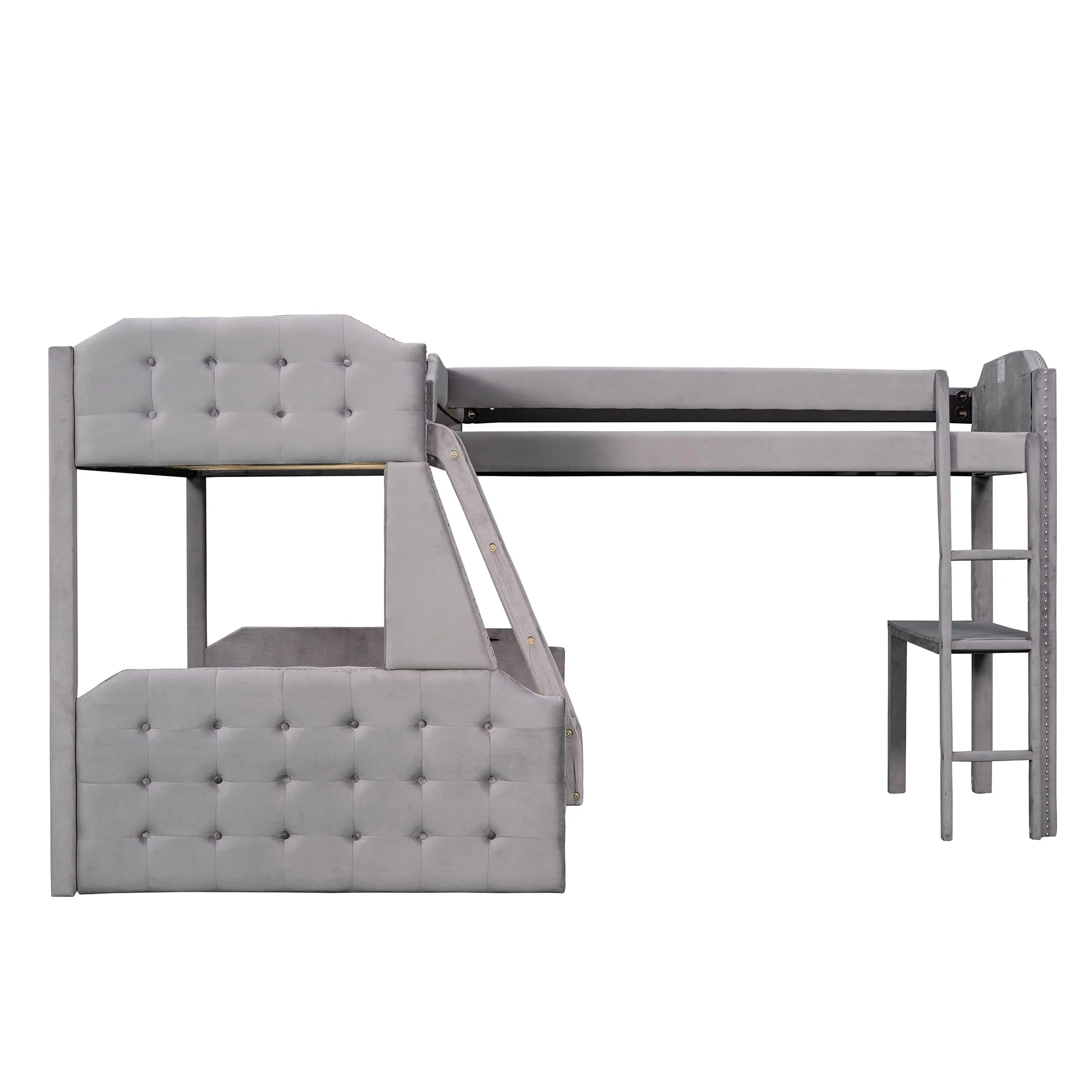 EUROCO Upholstery L-Shaped Twin over Full Bunk Bed and Twin Loft Bed with Desk for Kids Bedroom, Gray