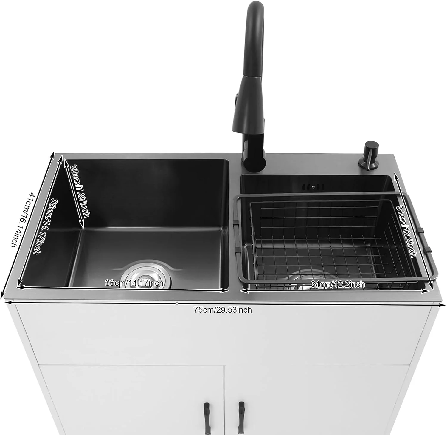 Laundry Sink with Cabinet & Pull-Out Faucet, Kitchen Sink Cabinet with Draining Basket, Stainless Steel Double Bowl Utility Sinks, Wash Station Tub for Kitchen, Laundry Room (Black)
