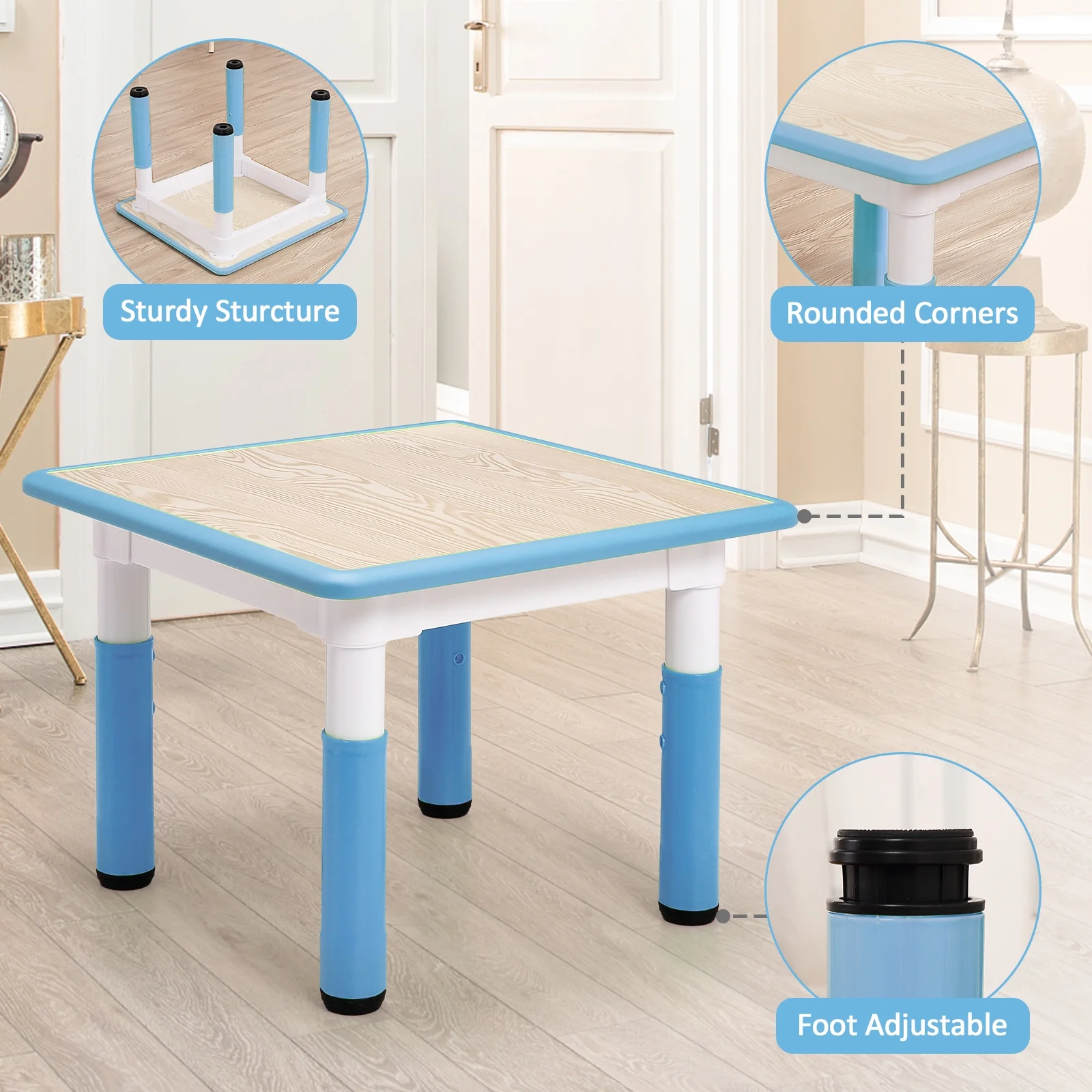 KATIDAP Kids Table and 4 Chairs Set, Height Adjustable Toddler Table and Chair Set, Graffiti Desktop, Classroom/Daycare/Home, Children Multi-Activity Table for Ages 2-8,Blue