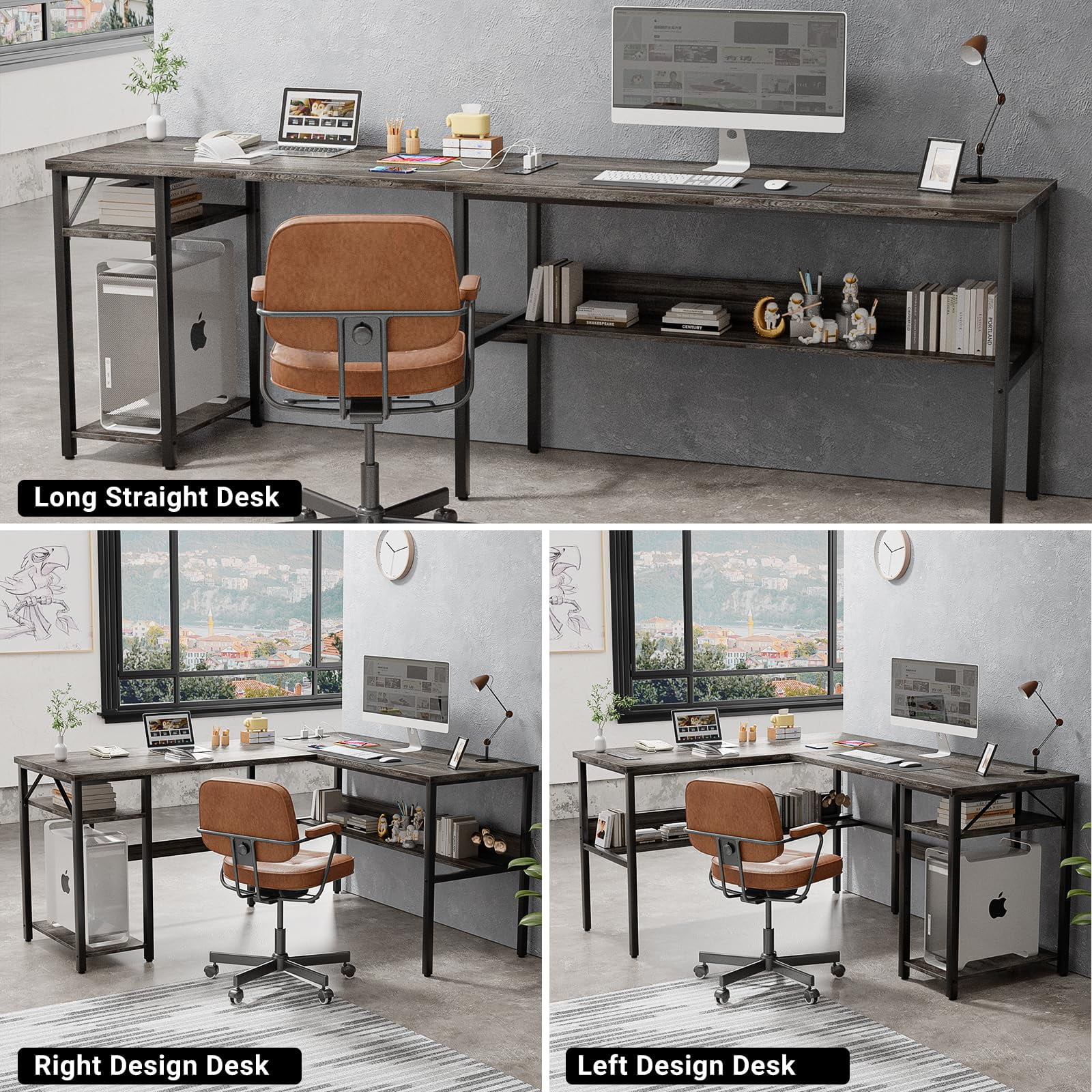 Homieasy Reversible L Shaped Desk with Magic Power Outlets and USB Charging Ports, Sturdy Corner Computer Desk with Storage Shelves, Gaming Table Home Office Desk, Easy to Assemble, Black Oak