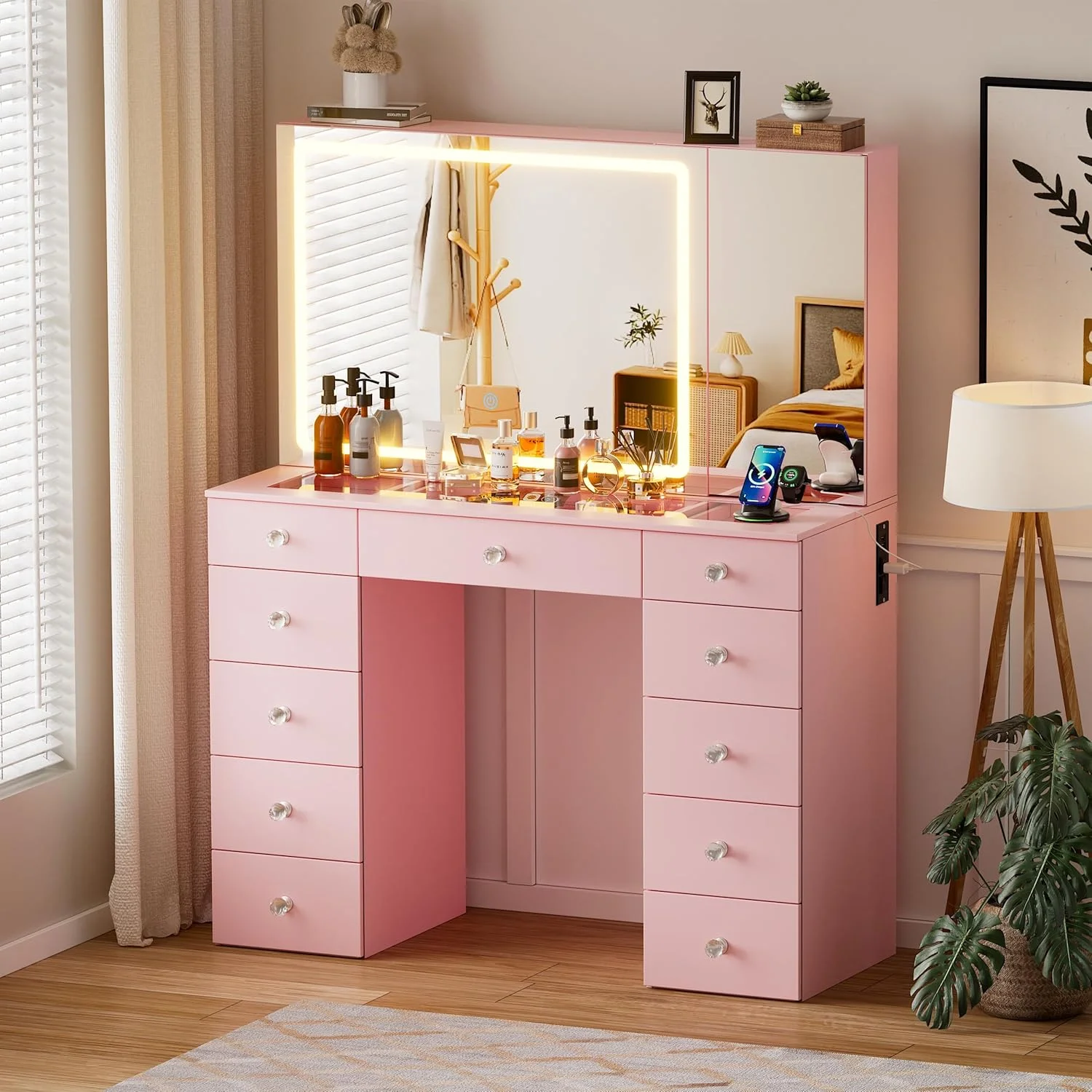 PAKASEPT Vanity Set with Lighted Mirror, Large Vanity Desk with Charging Station, Makeup Vanity Table with 11 Drawers & Hidden Sliding Storage Cabinet & Visible Glass Tabletop for Bedroom (White)