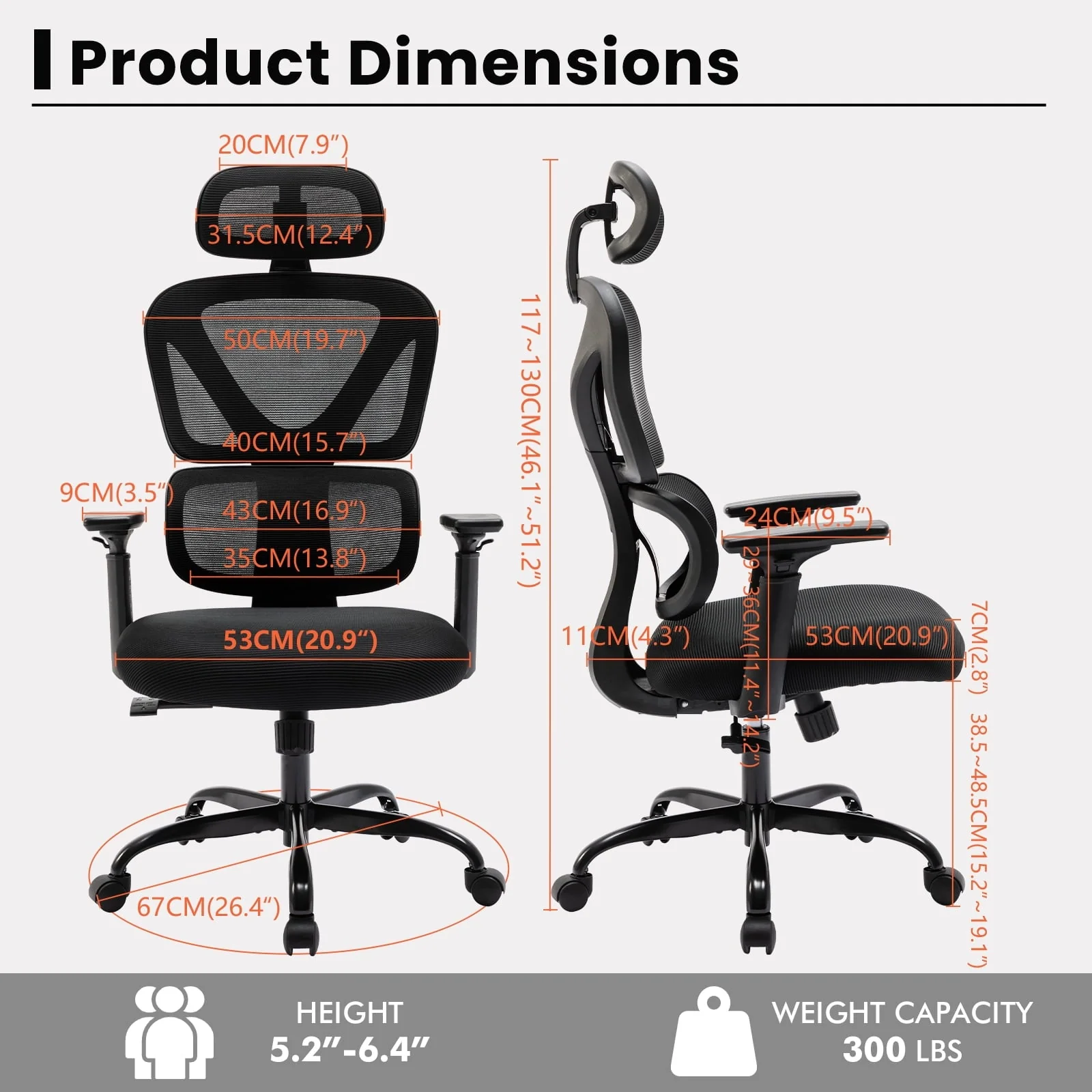Coolhut Ergonomic Office Chair, High Back Adjustable Computer Desk Chair with Lumbar Support, 300lb, Black
