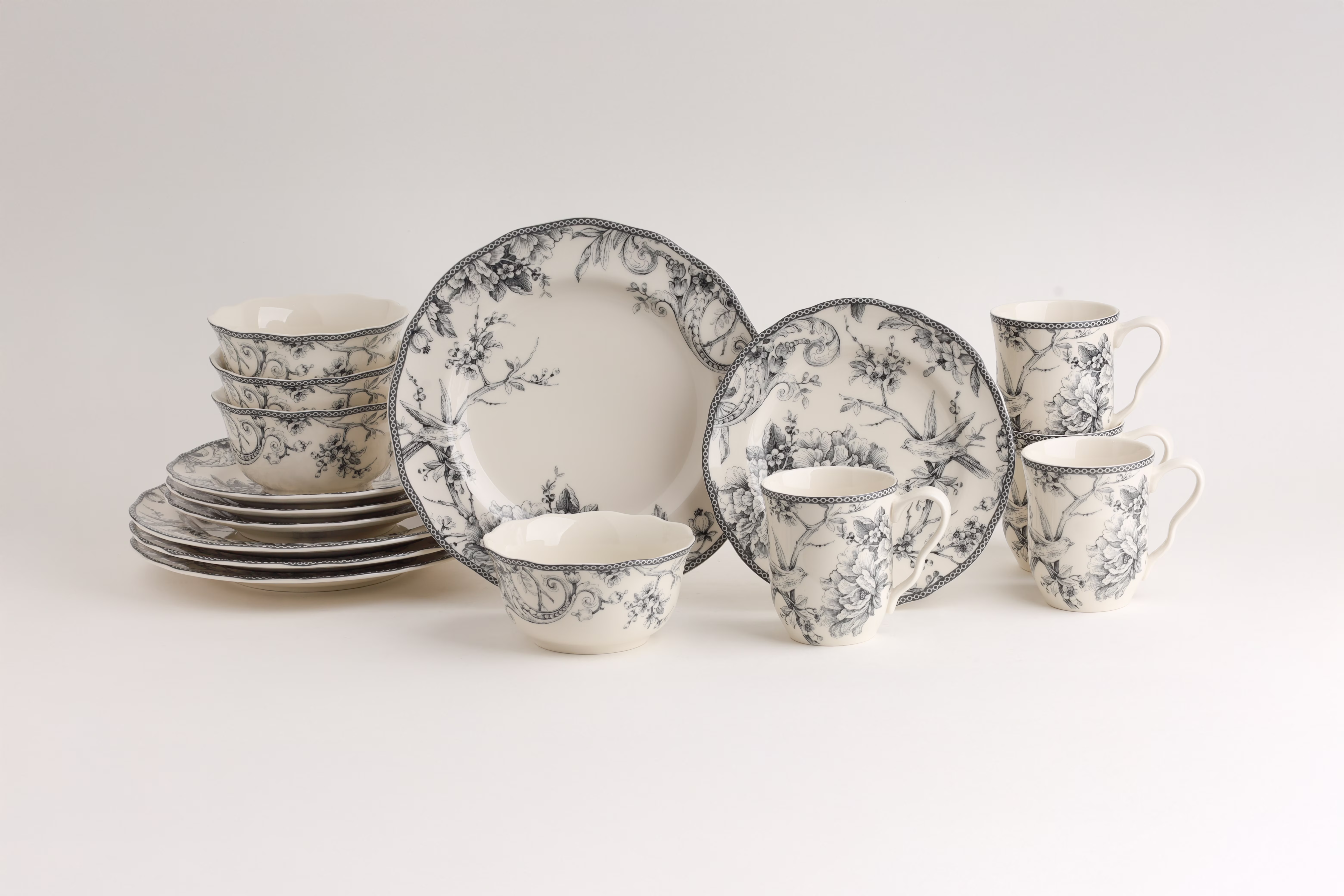 222 Fifth Adelaide Round 16-Piece Porcelain Dinnerware Set, Black Toile