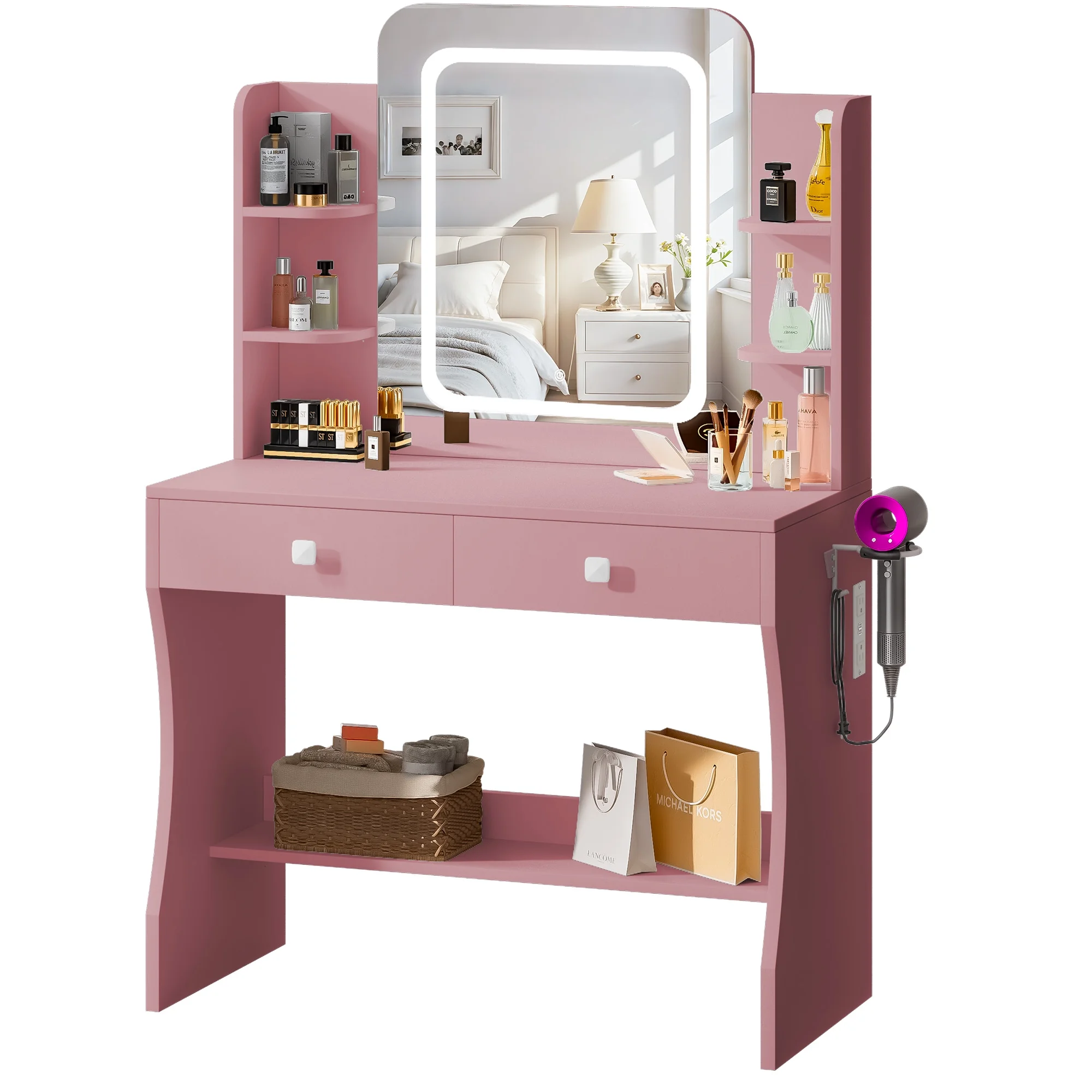 LIVELYGLOW Vanity Desk Set with Square Mirror and Light- Small Vanity Table with Drawers- White