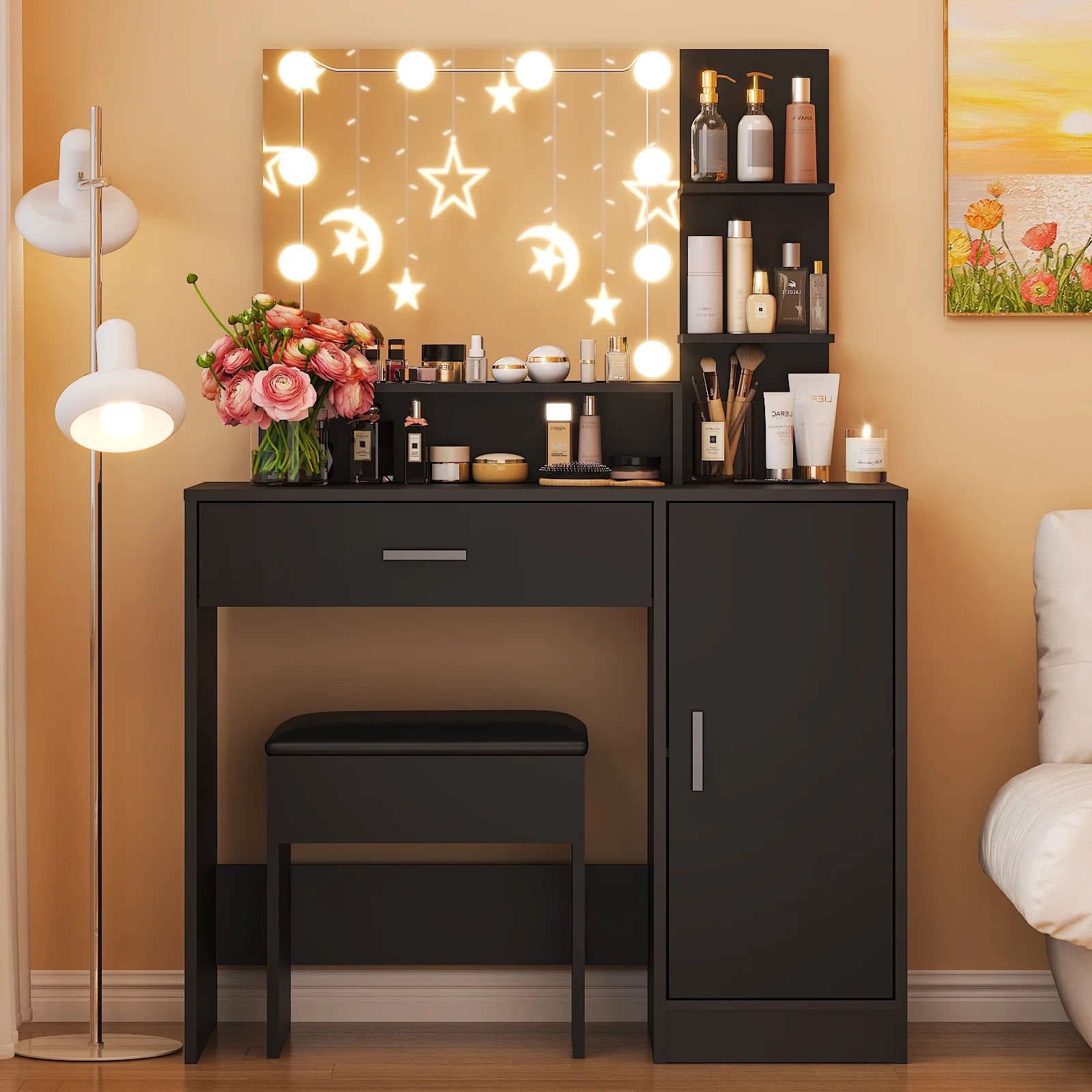 Ktaxon Vanity Set with 3 Color Lighted Mirror, Makeup Table with 3 Storage Shelves & Drawers, Dressing Table Makeup Desk with Stool,White