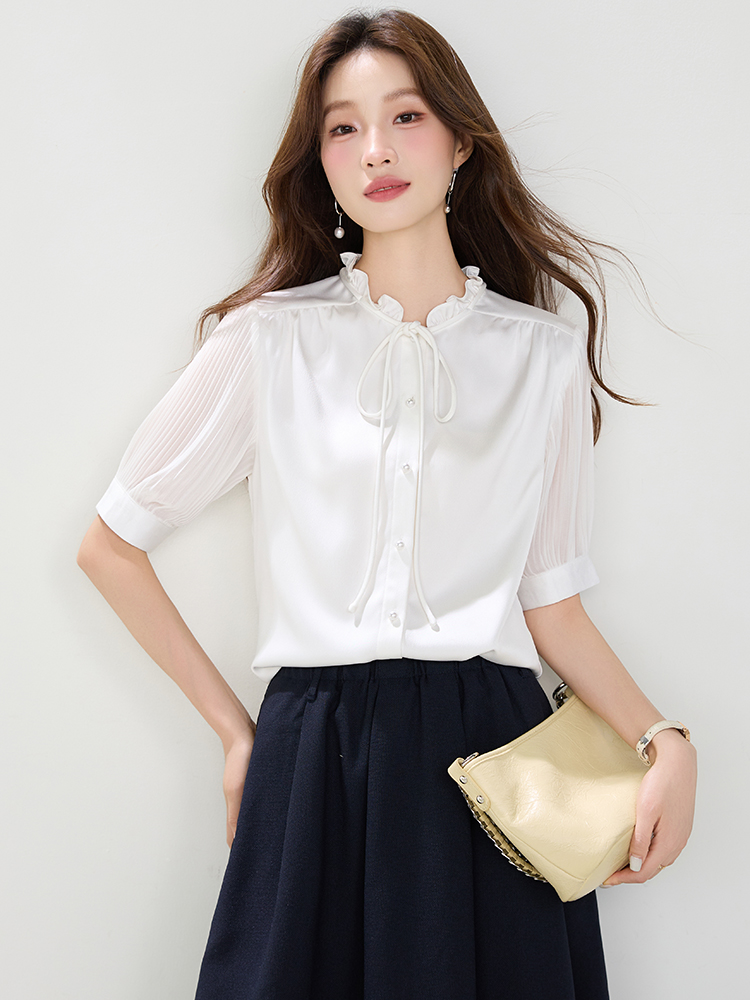 Organ pleated sleeve tops white satin shirt for women