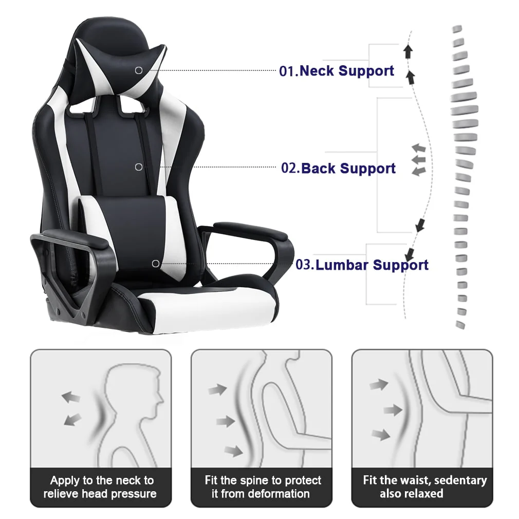 High-Back Gaming Chair PC Office Chair Computer Racing Chair PU Desk Task Chair Ergonomic Executive Swivel Rolling Chair with Lumbar Support for Back Pain Women, Men (WHITE)