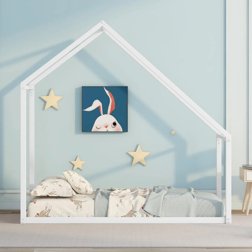 Twin Size House Bed, Tent Metal Bed Frame, Floor Play House Bed, Montessori Beds, Metal Canopy Bed Frame, No Box Spring Needed,  No Limit Weight, White