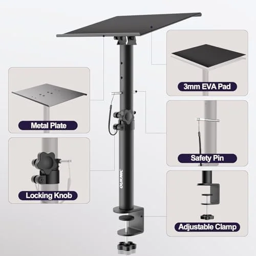 Clamp On Desktop Speaker Stand Holder Pair, Heavy Duty Audio Studio Monitor Stands Riser Tilt Height Adjustable, Universal Desk Mount Shelf Tray for Subwoofer Surround Sound Bookshelf Laptop