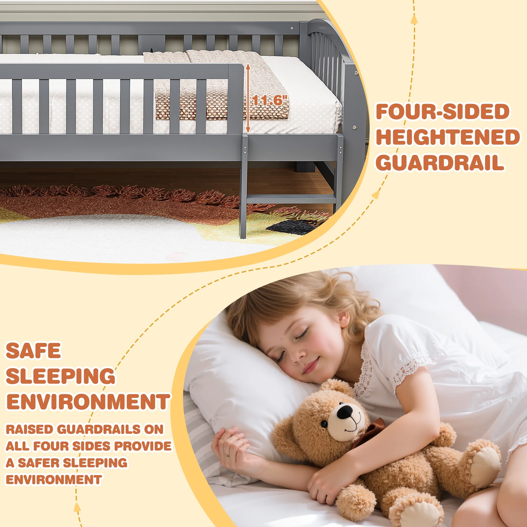 PAPROOS Wood Twin Platform Bed Frame, Twin Size Bed Frame with Fence Guardrail Ladder, No Box Spring Needed, Grey