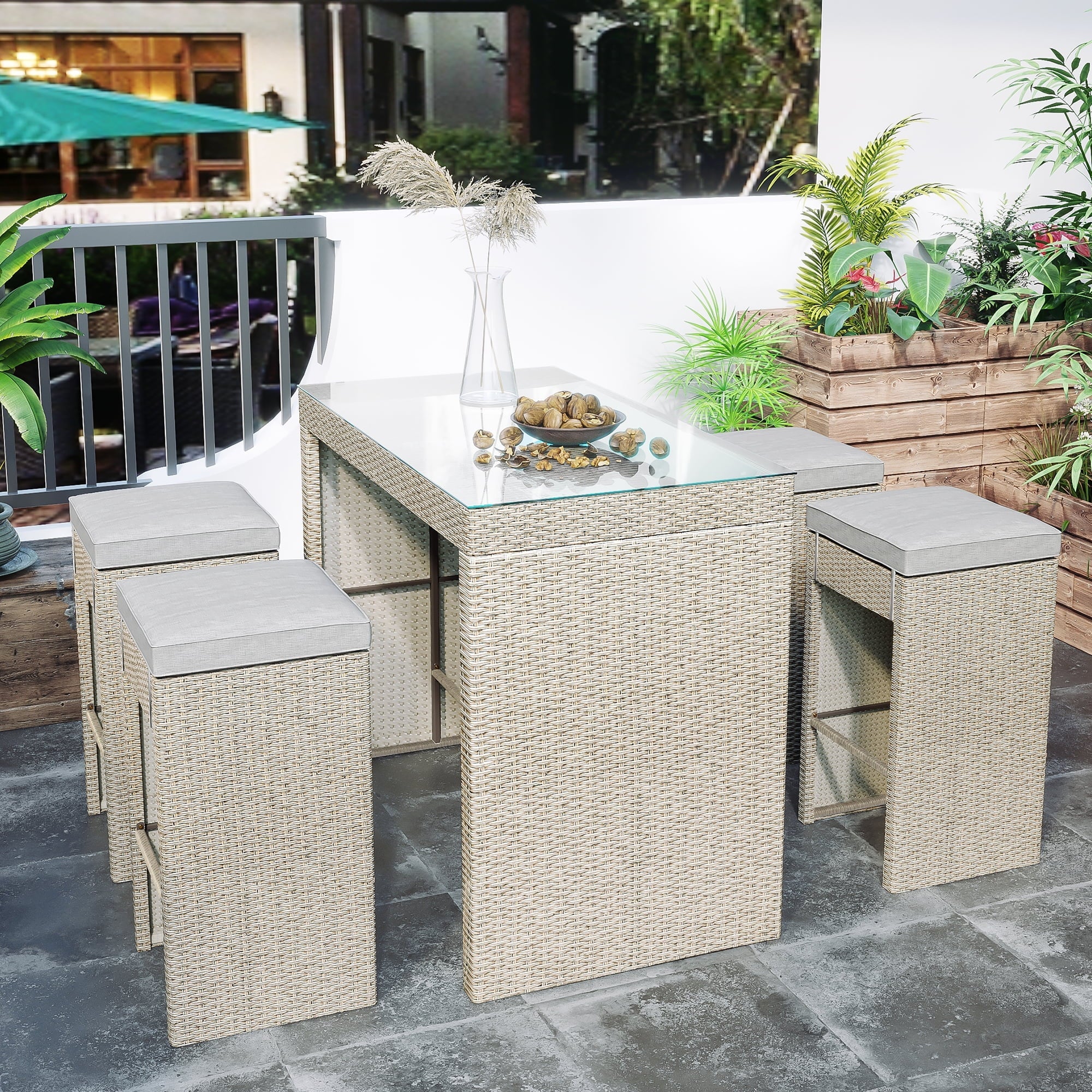 5-piece Patio Table Set Outdoor Furniture, Rattan Bar Dining Table and Chairs Set, Grass Top Table & 4 Cushioned Stools Bistro Set for Backyard Porch Poolside Indoor Use, Brown