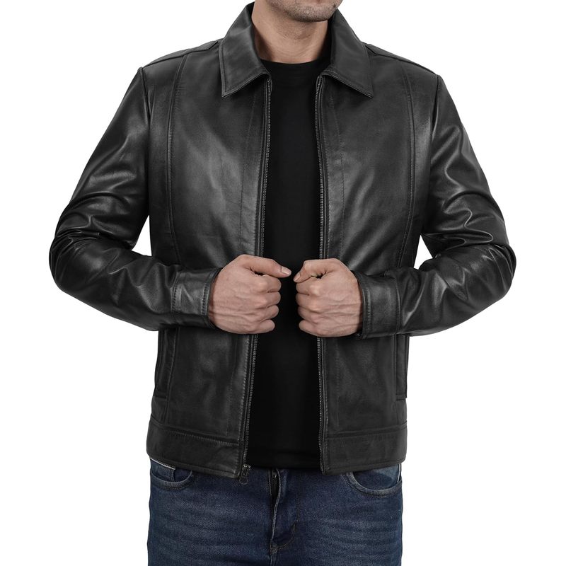 Vintage Distressed Leather Jacket for Men - Shirt Collar Genuine Lambskin Mens Leather Jacket