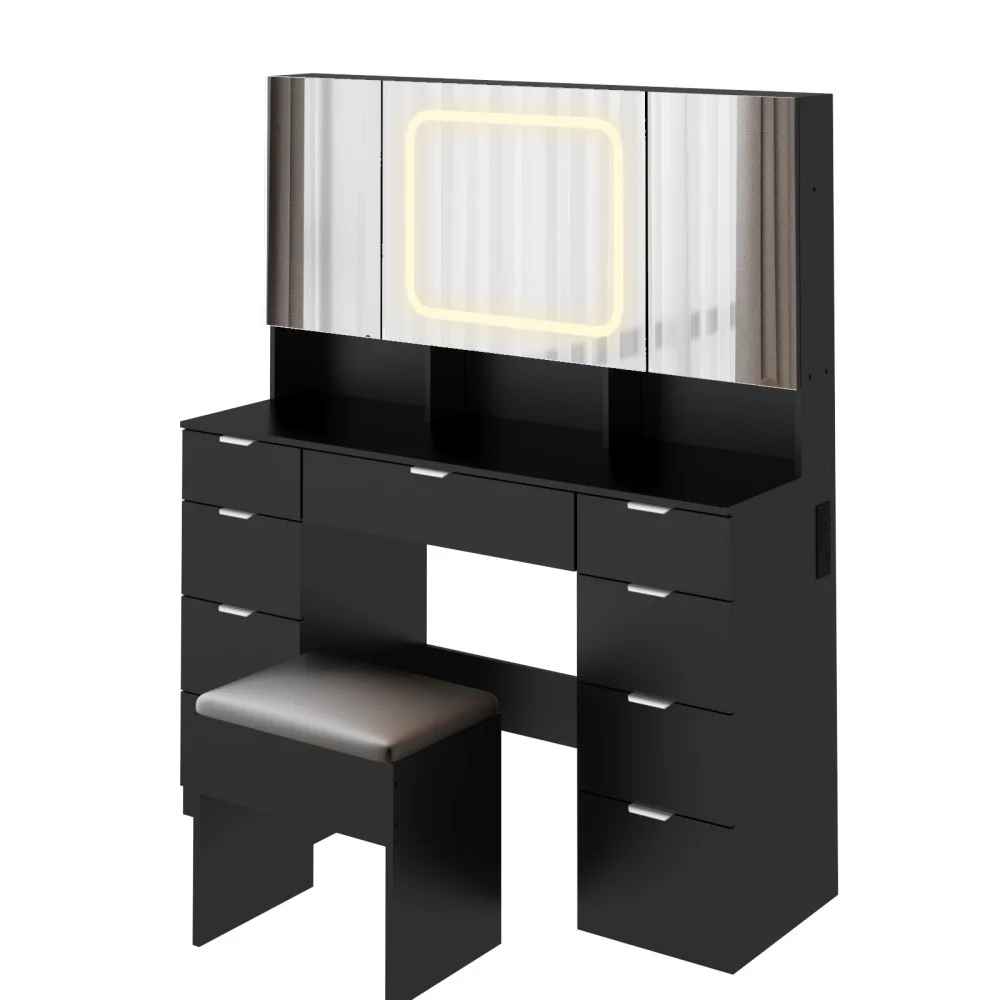 IVV Vanity Desk Set with Large LED Lighted Mirror & Power Outlet, Makeup Dressing Table with 9 Drawers and 3 Cabinets in Mirrored Doors, 47