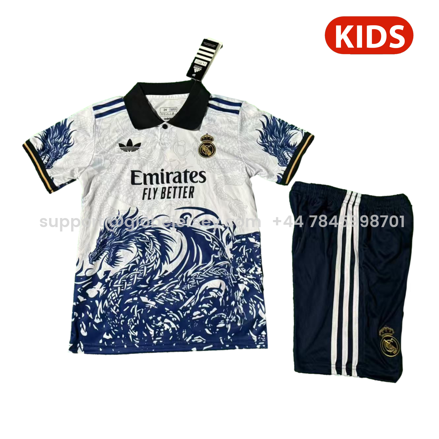 Real Madrid 25-26 Blue Fire Dragon White Special Polo Kids Kit