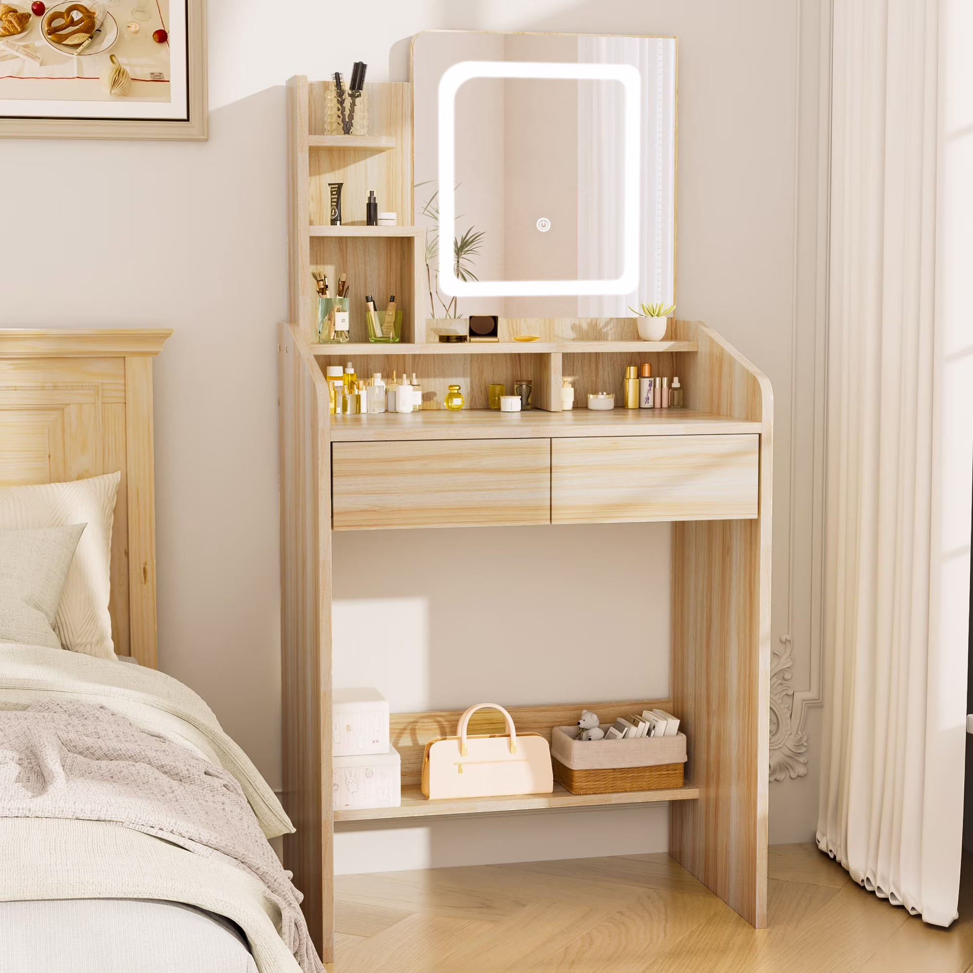 LIVELYGLOW Vanity Desk Set with Square Mirror and Light- Small Vanity Table with Drawers- White