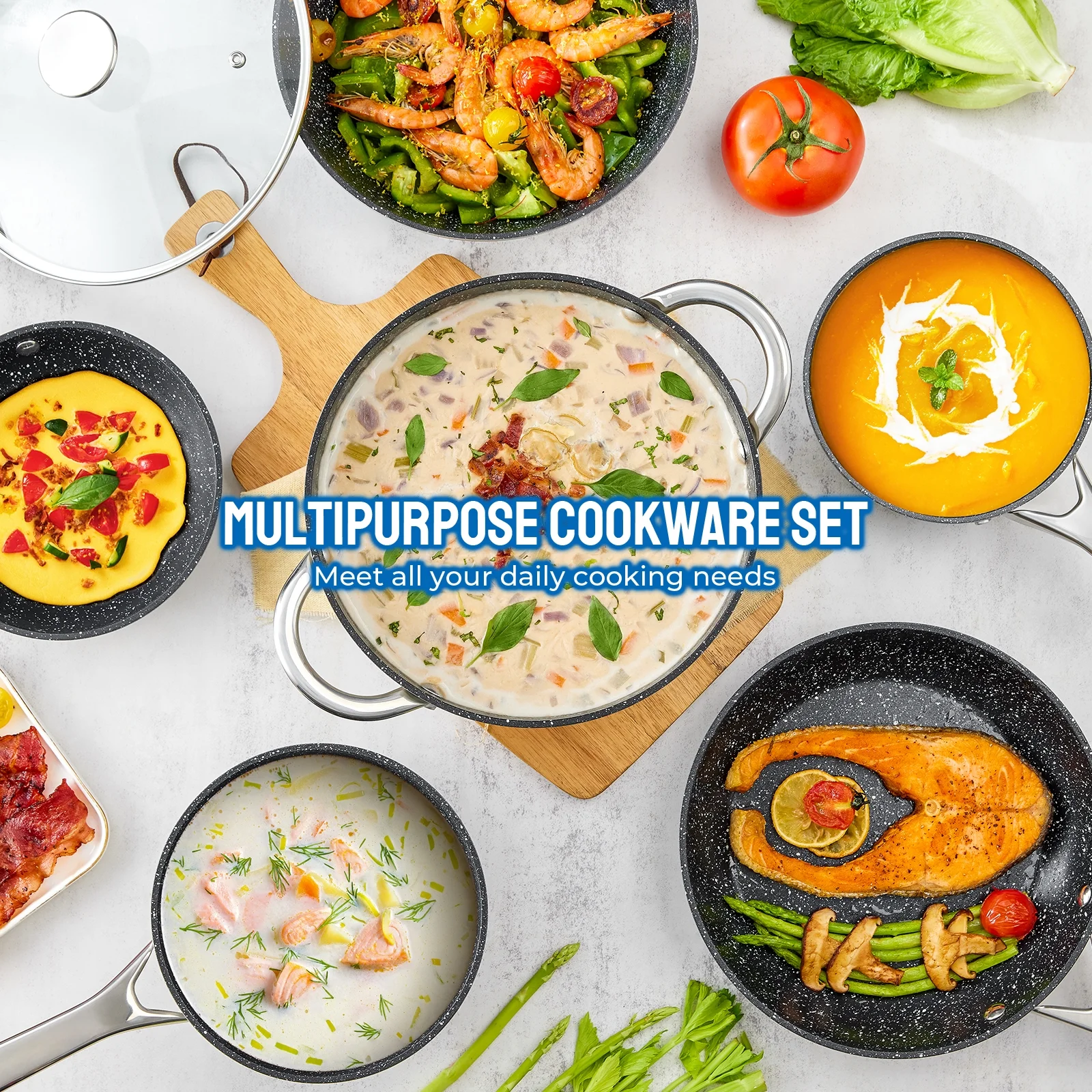 10 pcs Induction Cookware Pots and Pans Set, Compatible with All Stoves, Dishwasher Safe, Aluminum