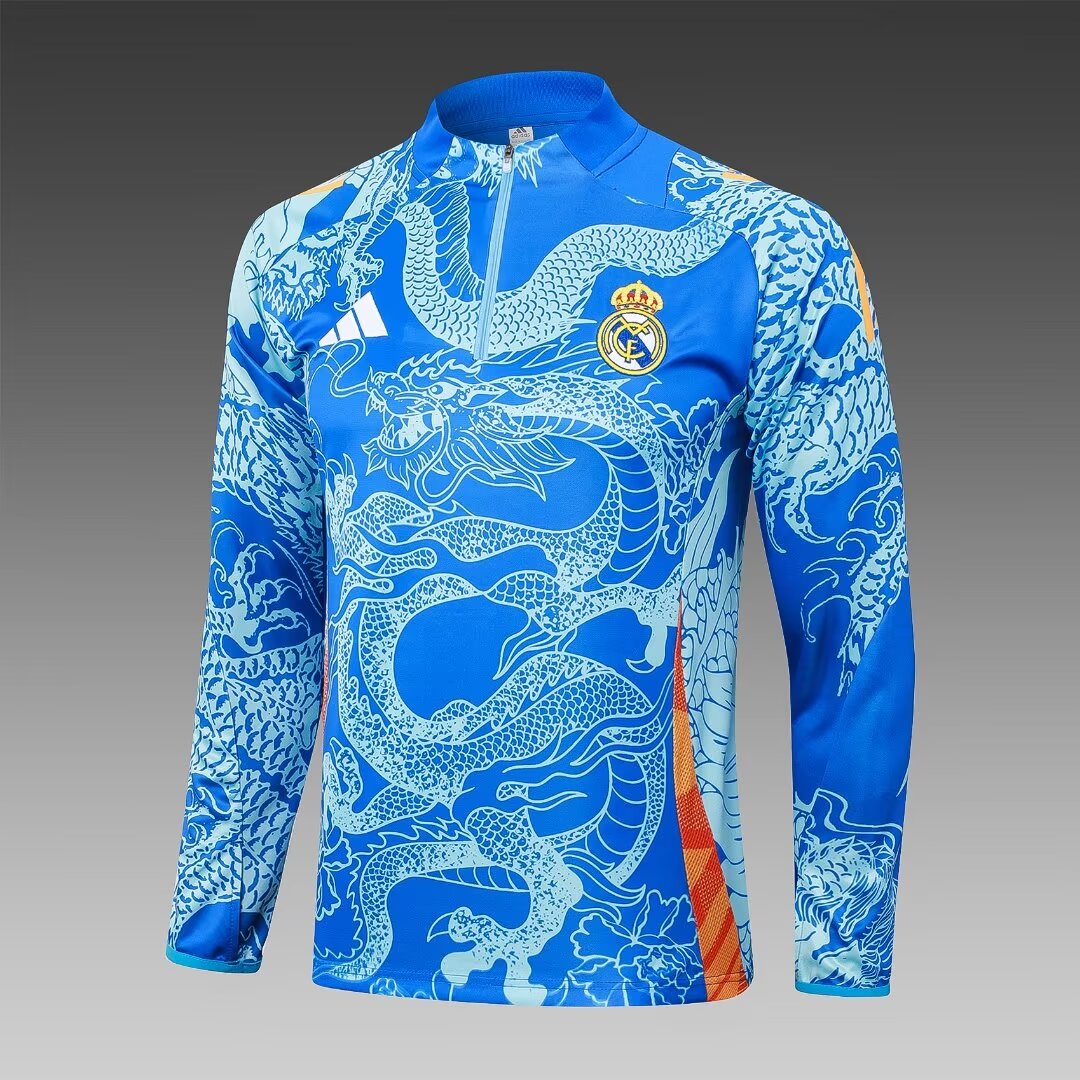 2024/2025 Real Madrid Half-Pull Training Suit Blue Dragon Football Shirt 1:1 Thai Quality