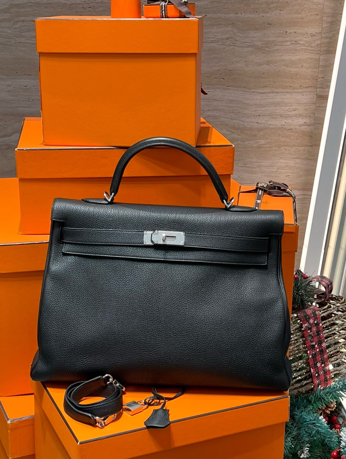 Hermès Kelly 40 black silver buckle TOGO leather custom