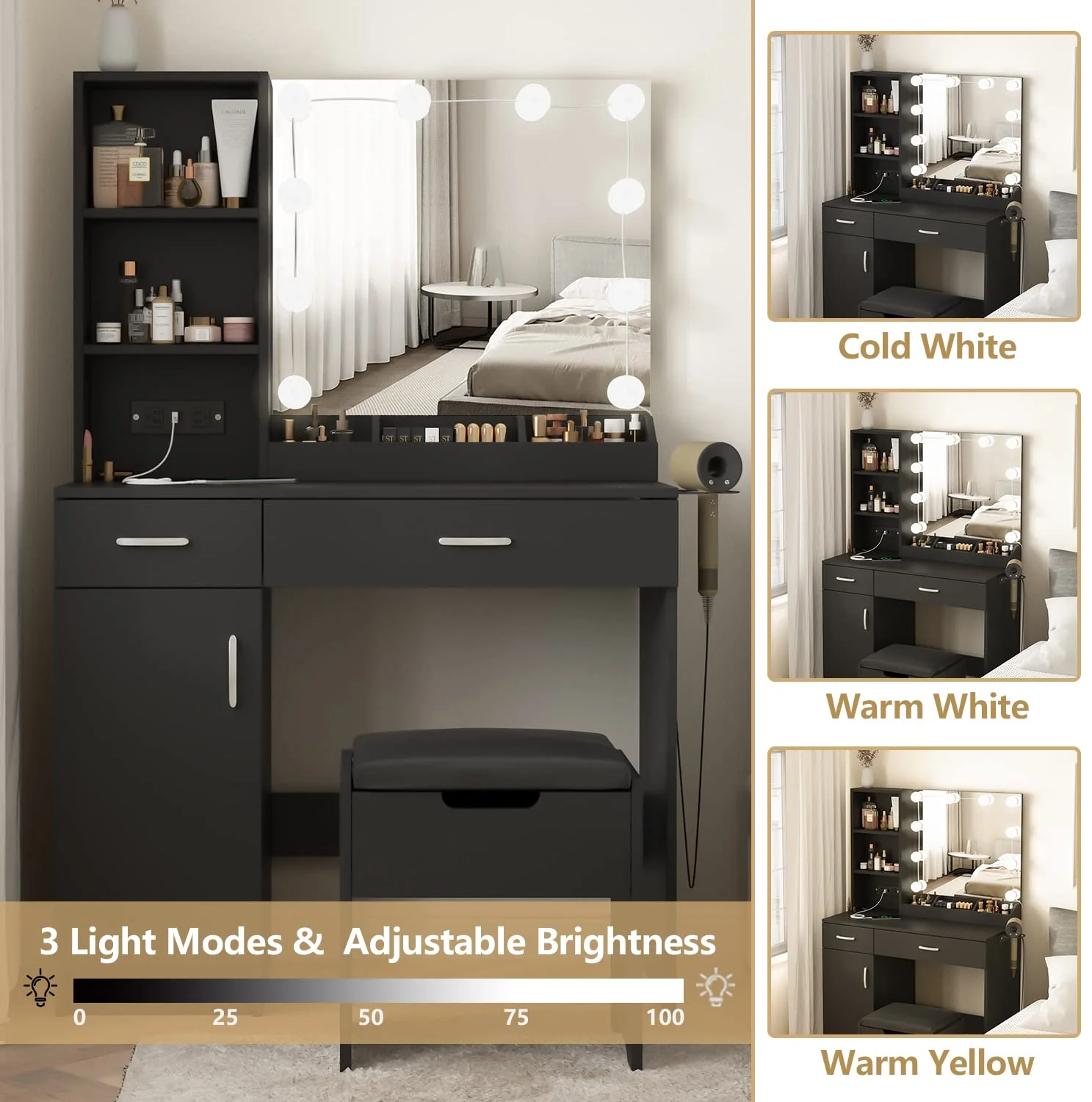 Veanerwood Makeup Vanity Desk with Lighted Mirror & Power Strip, Girls Dressing Table with Storage Shelves, White