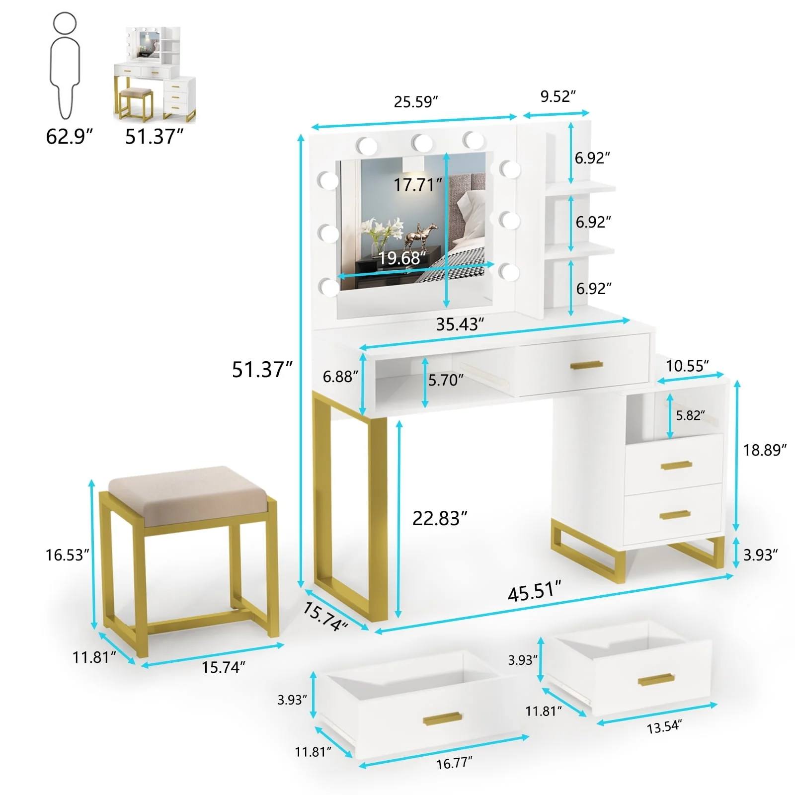 PAKASEPT Vanity Set with Lighted Mirror, Large Vanity Desk Makeup Vanity Dressing Table with 9 LED Lights, 5 Drawers, Storage Shelves&Cushioned Stool for Bedroom
