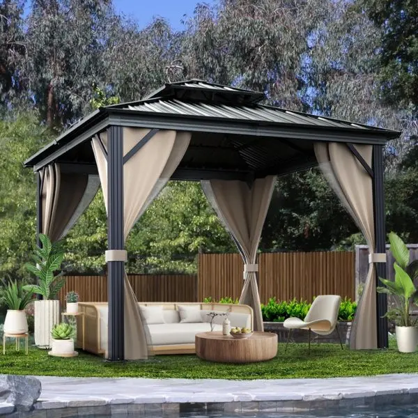 10′ x 10′ All-Weather Hardtop Gazebo – Dual Metal Roof. Aluminum Structure. Netting & Curtains. Khaki Patio Shelter