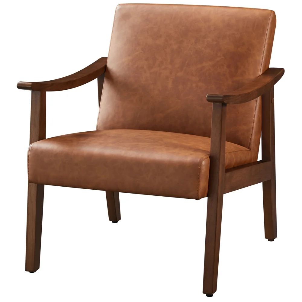 Yaheetech Mid-Century Upholstered Faux Leather Armchair with Solid Wood Legs,Brown