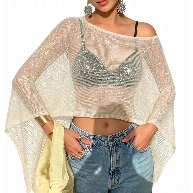Women Sheer Poncho Top Lightweight Knit Crochet Shrug