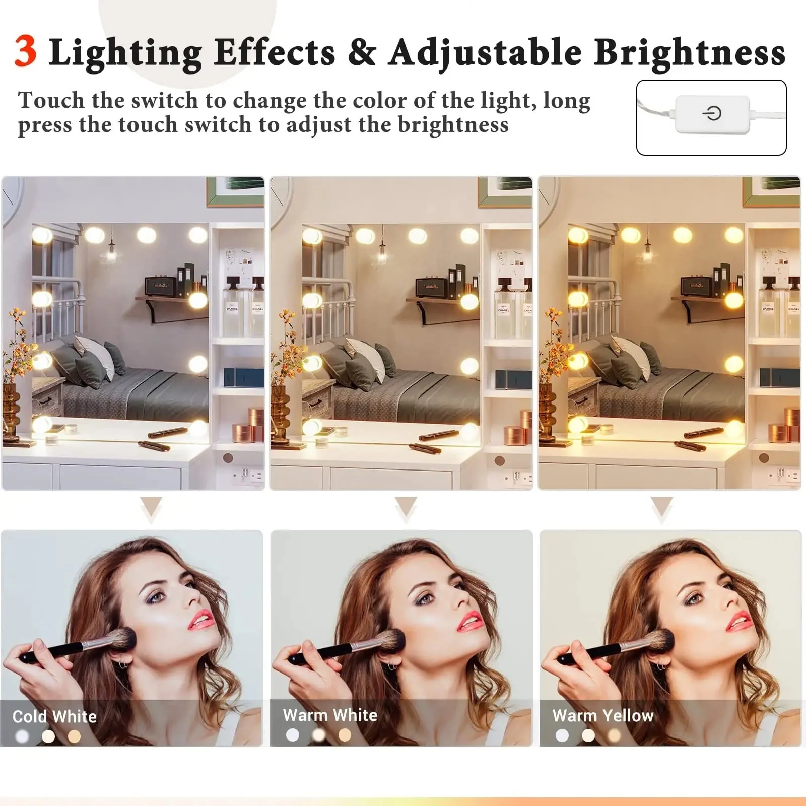 White Vanity Set Desk Table with 10 LED Lights & Charging Station & Sliding Mirror, Modern Makeup Vanity Desk Dressing Table with 5 Drawers for Bedroom, 10 LED Light Bulbs