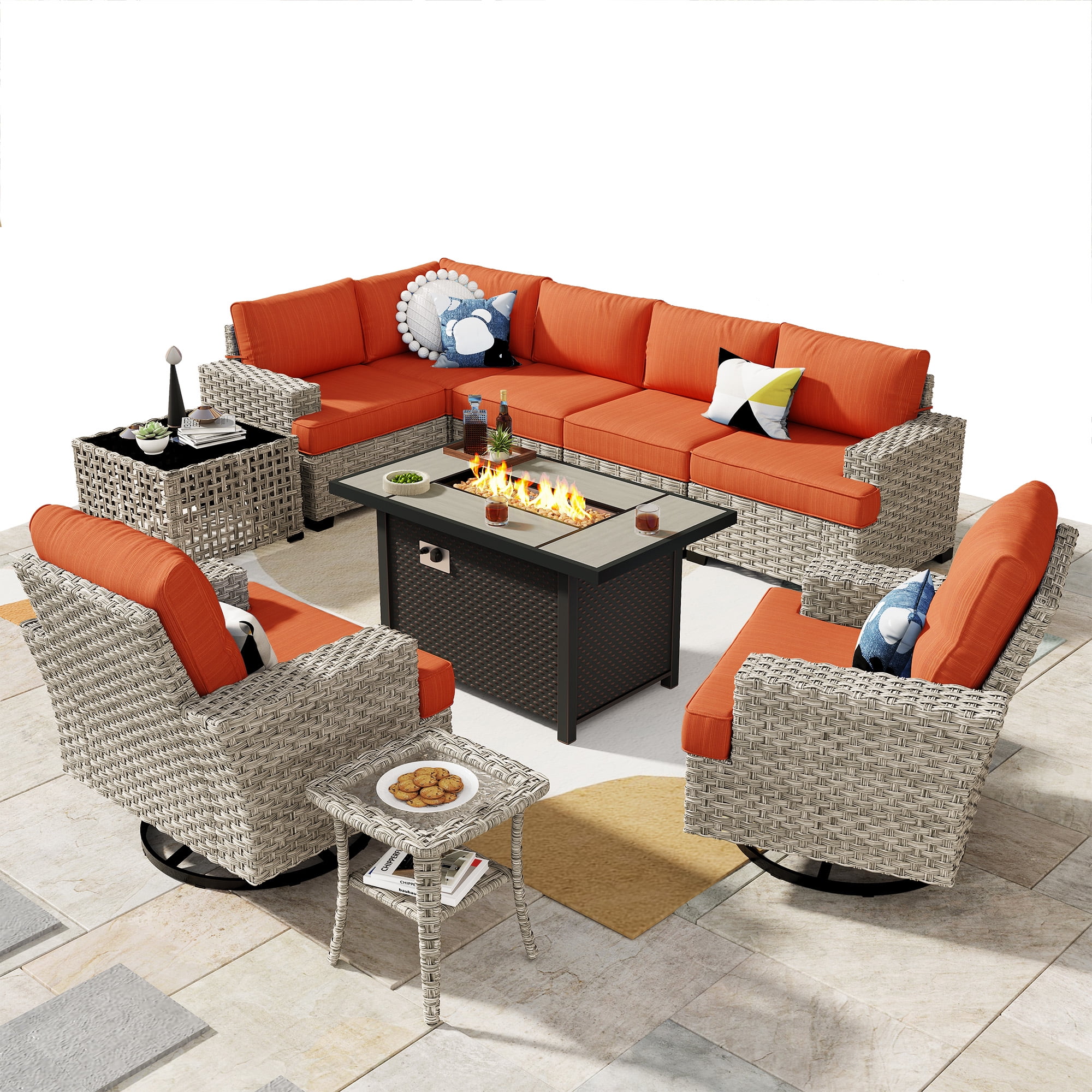 Ovios 10 Pieces Outdoor Patio Furniture Modern High-Back All-Weather Wicker Sectional Conversation Set with Propane Fire Pit Table & Swivel Chair, Dark Gray