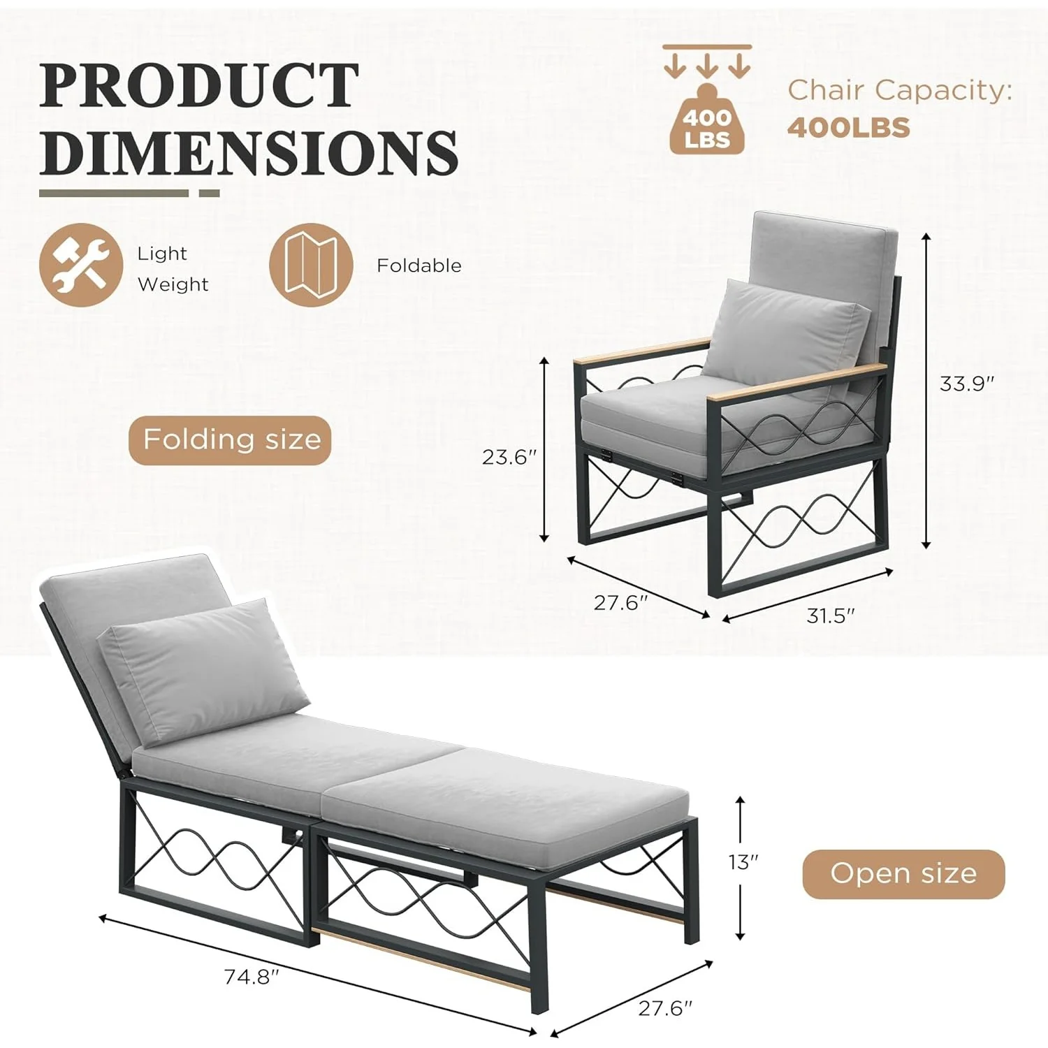 AECOJOY Outdoor Metal Chaise Lounge Chair. Convertible Patio Armchair with Cushions. Adjustable 5-Position Recliner