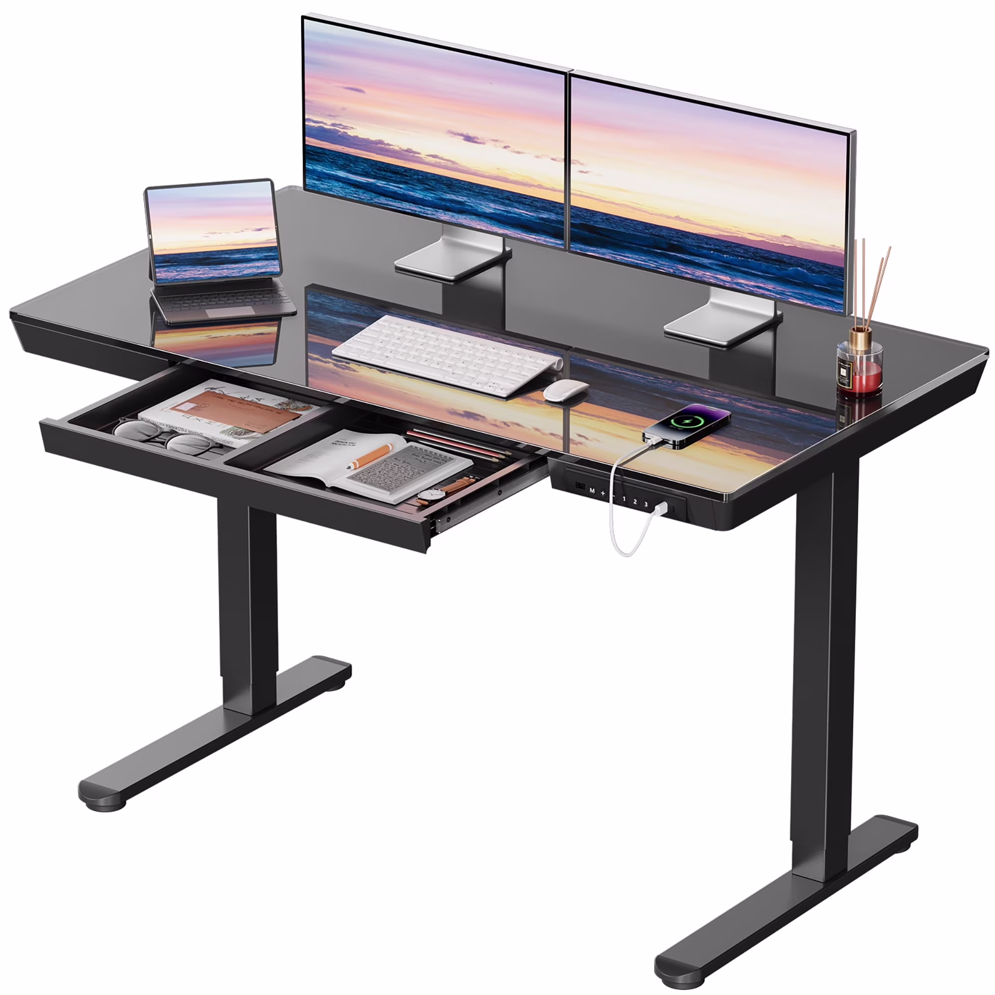 CHITOOMA Glass Top Electric Standing Desk with Drawer, 48'' x 24'' Electric Height Adjustable Desk with USB Charging Ports, Sit Stand up for Home Office
