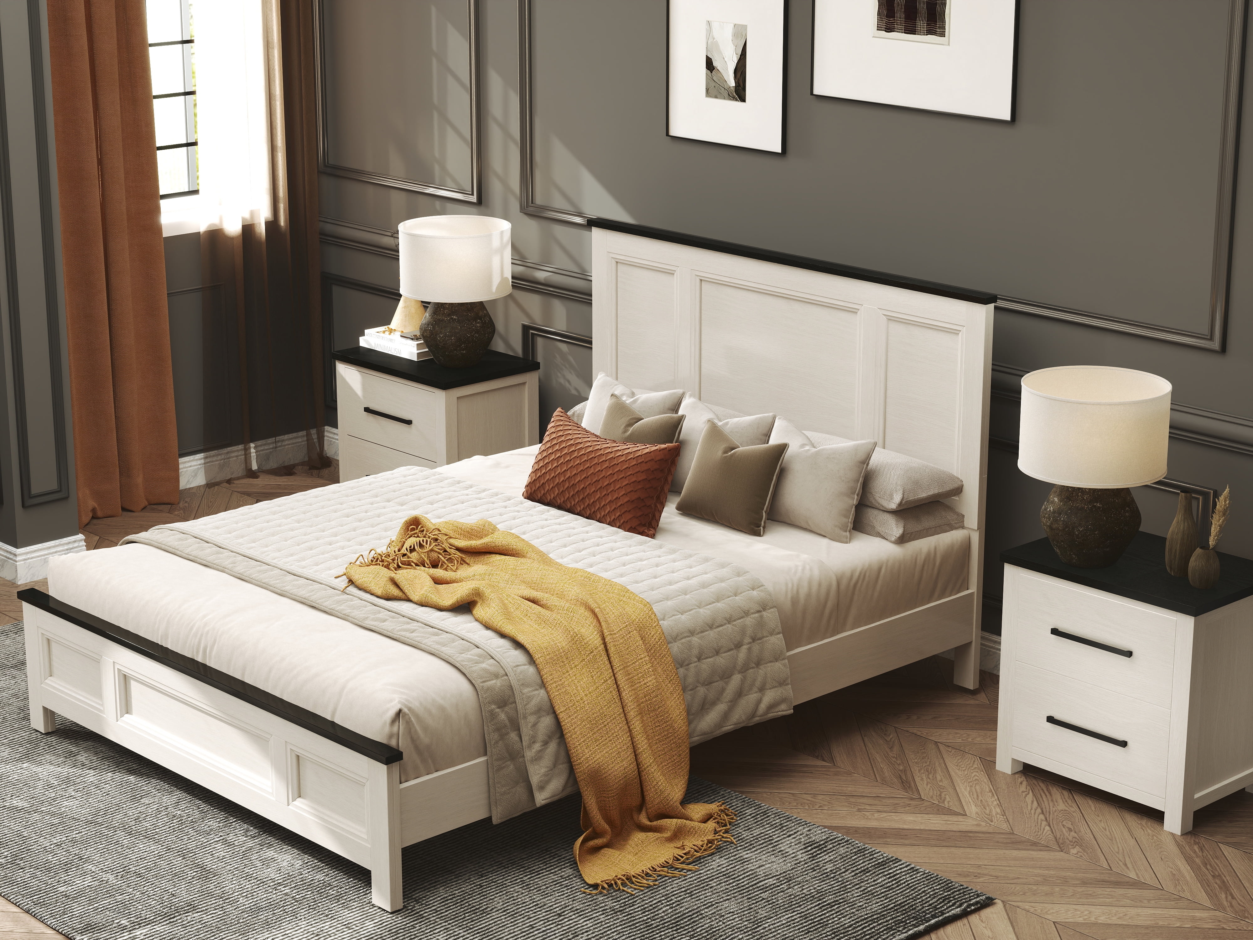 Roundhill Furniture Realynn 3-Pc Bedroom Set, King Panel Bed, 2 Nightstands
