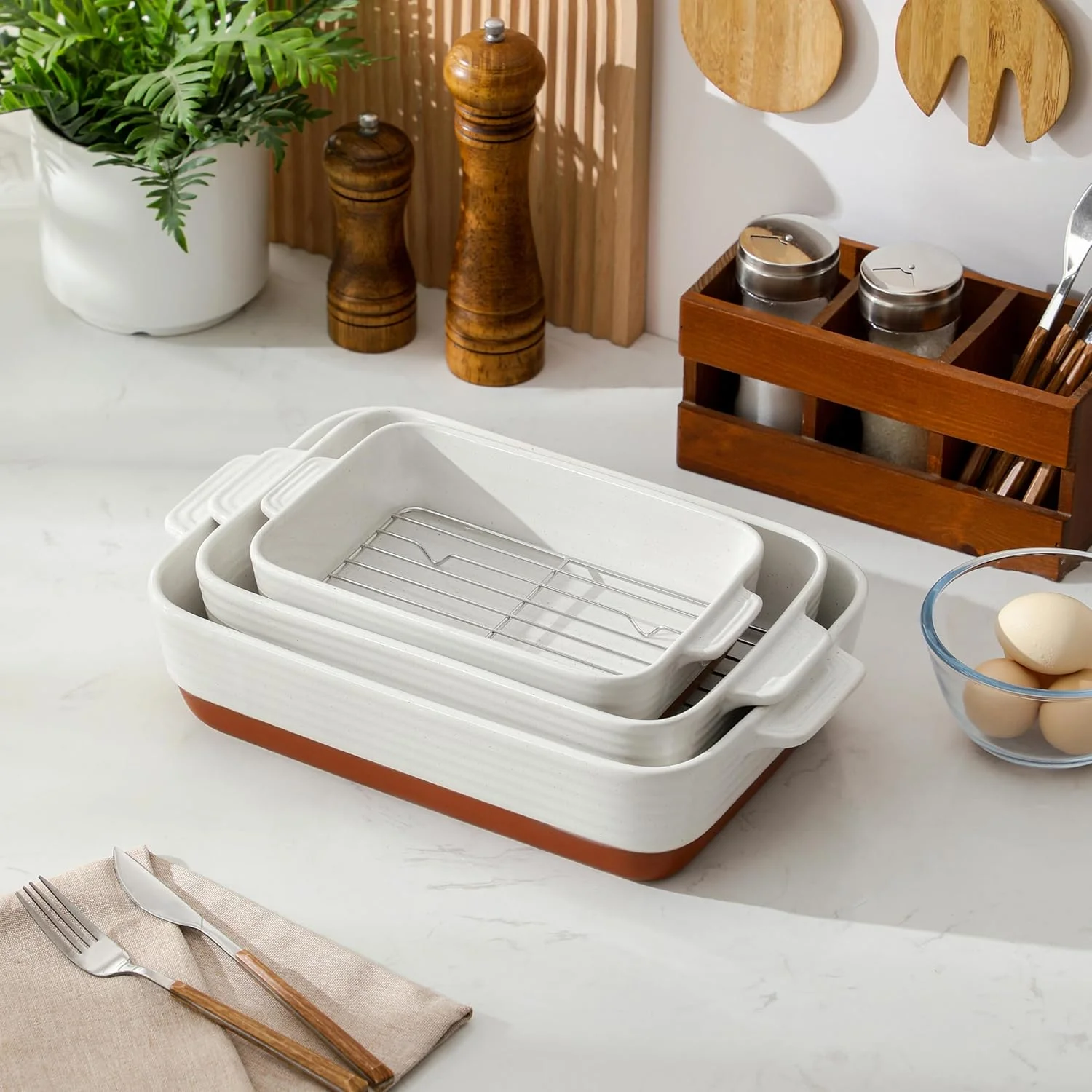 Casserole Dishes for Oven with Roasting Racks, Ceramic Baking Dishes Set of 3, Baking Pan Casserole Dish Set, Rectangular Lasagna Pan Deep with Handles for Baking, Khaki White (14.5''/13''/10.5''),